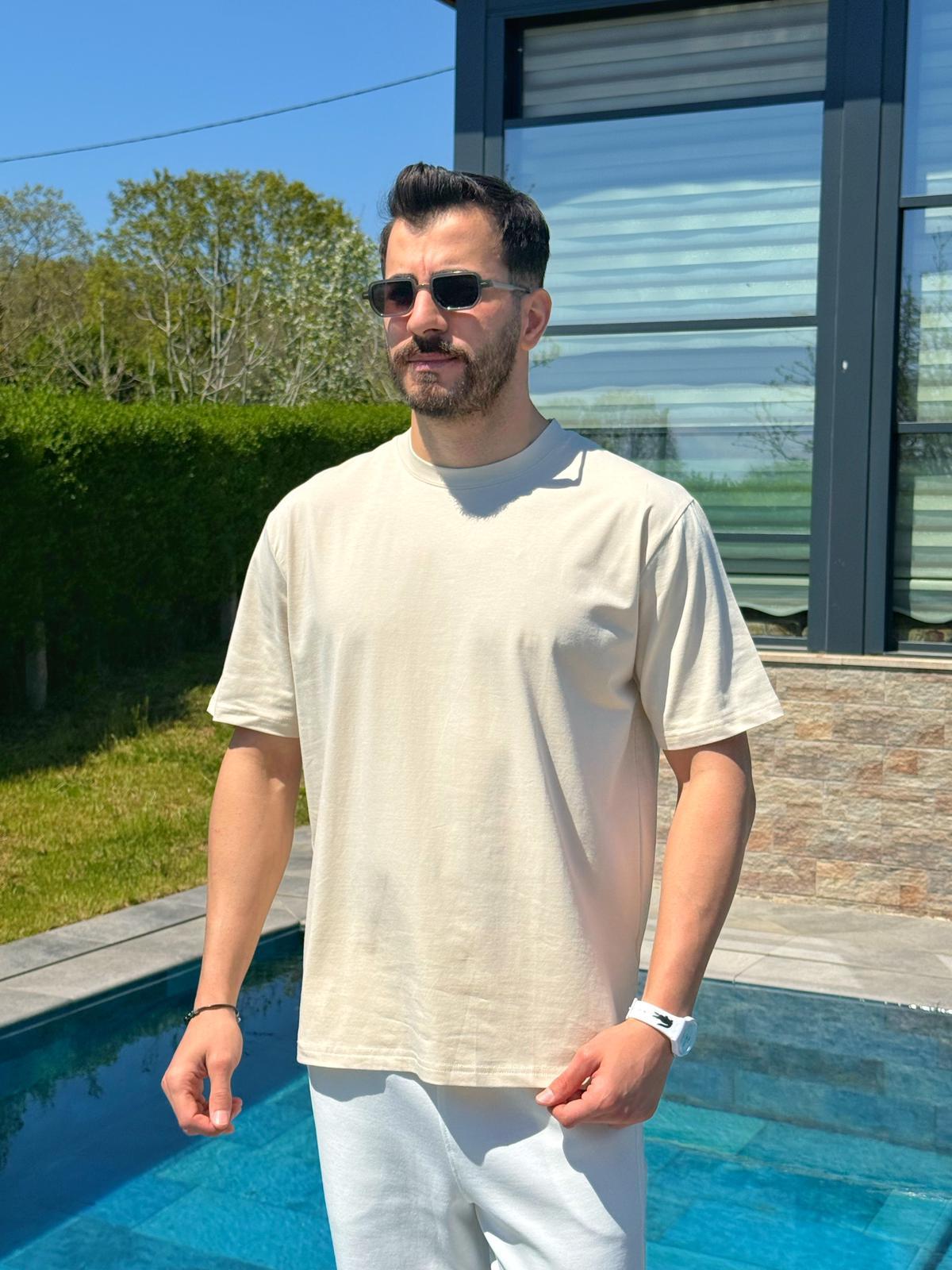 Krem Yazlık Basic Oversize T-Shirt