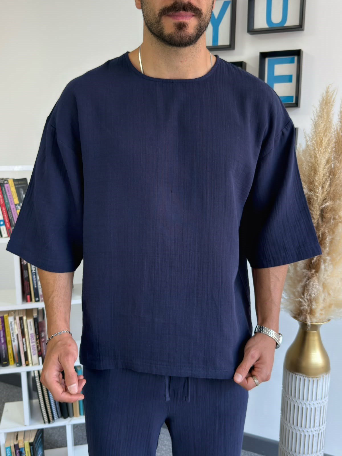 Lacivert Müslin Kumaş Fakir Kol Oversize T-Shirt
