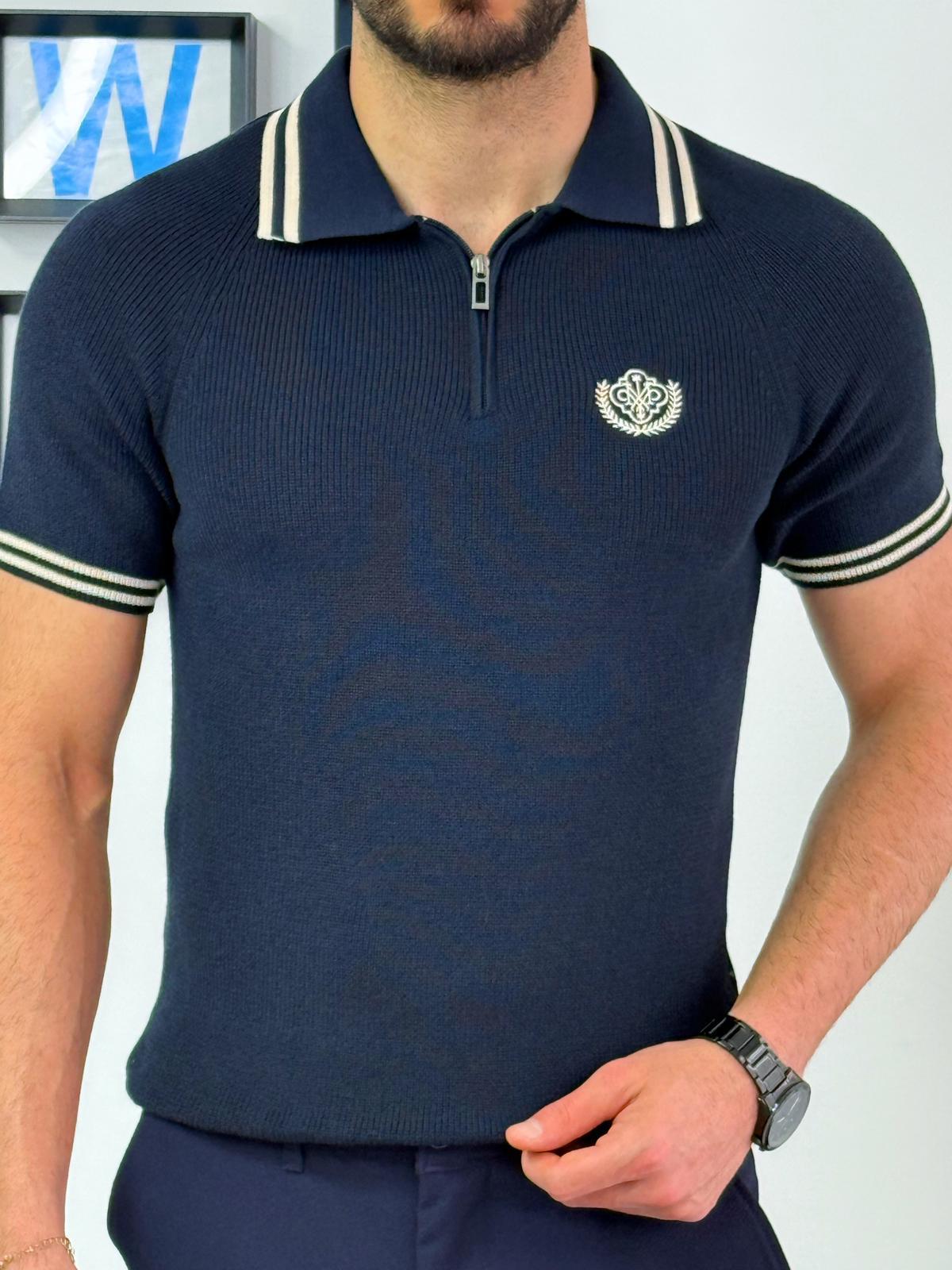 Lacivert Nakış Armalı Triko Fermuarlı Polo T-Shirt