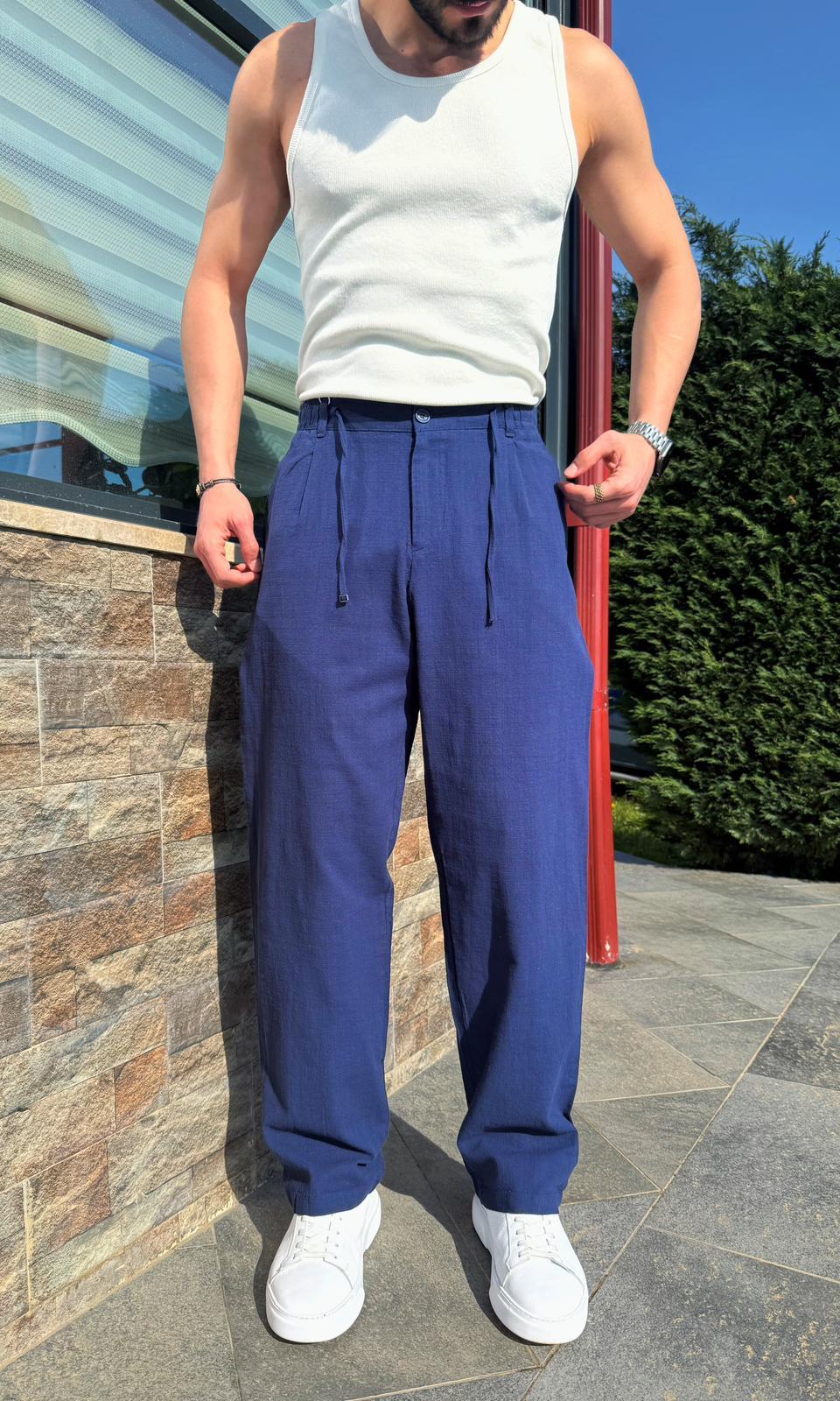 Lacivert Yazlık Premium Keten Baggy Pantolon