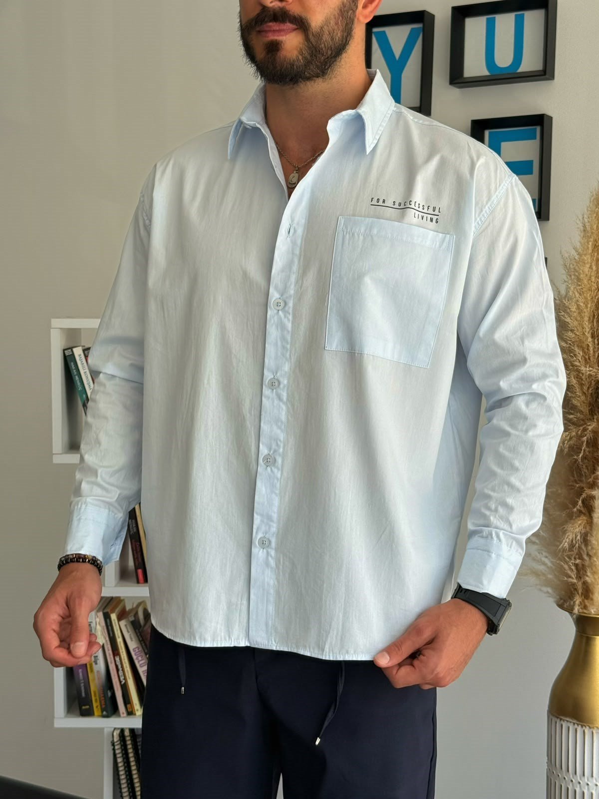 Mavi Yazlık Oversize Baskılı Cepli Gömlek