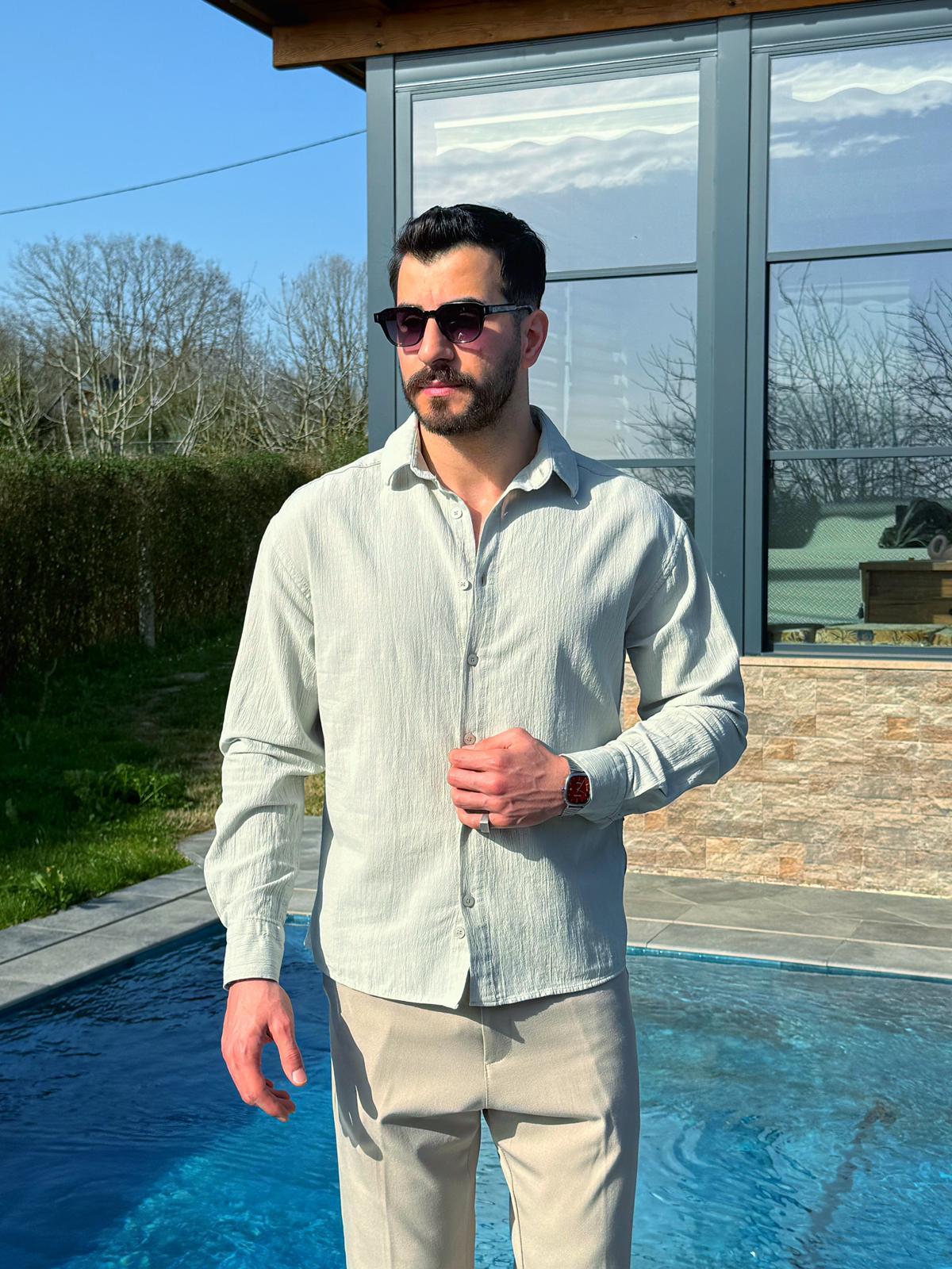 Mint Yeşili Premium Fit Krinkıl Keten Gömlek
