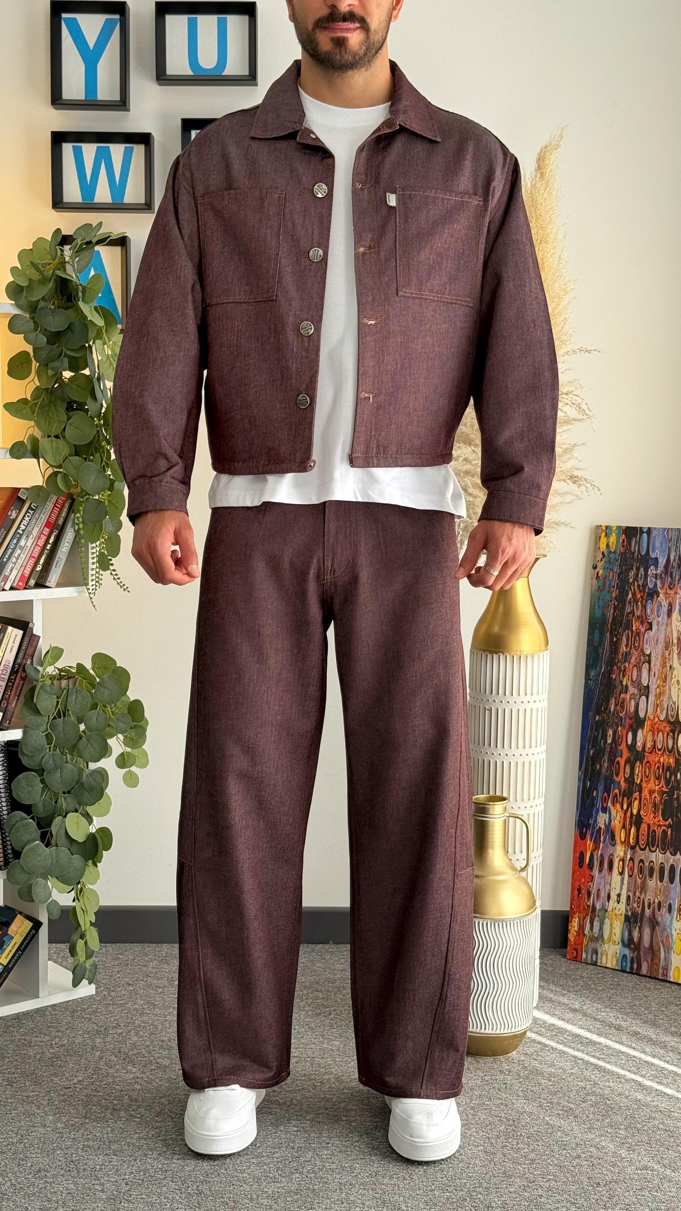 Mürdüm Crop Kesim Denim Takım (Crop Denim Ceket-Baggy Denim Pantolon)