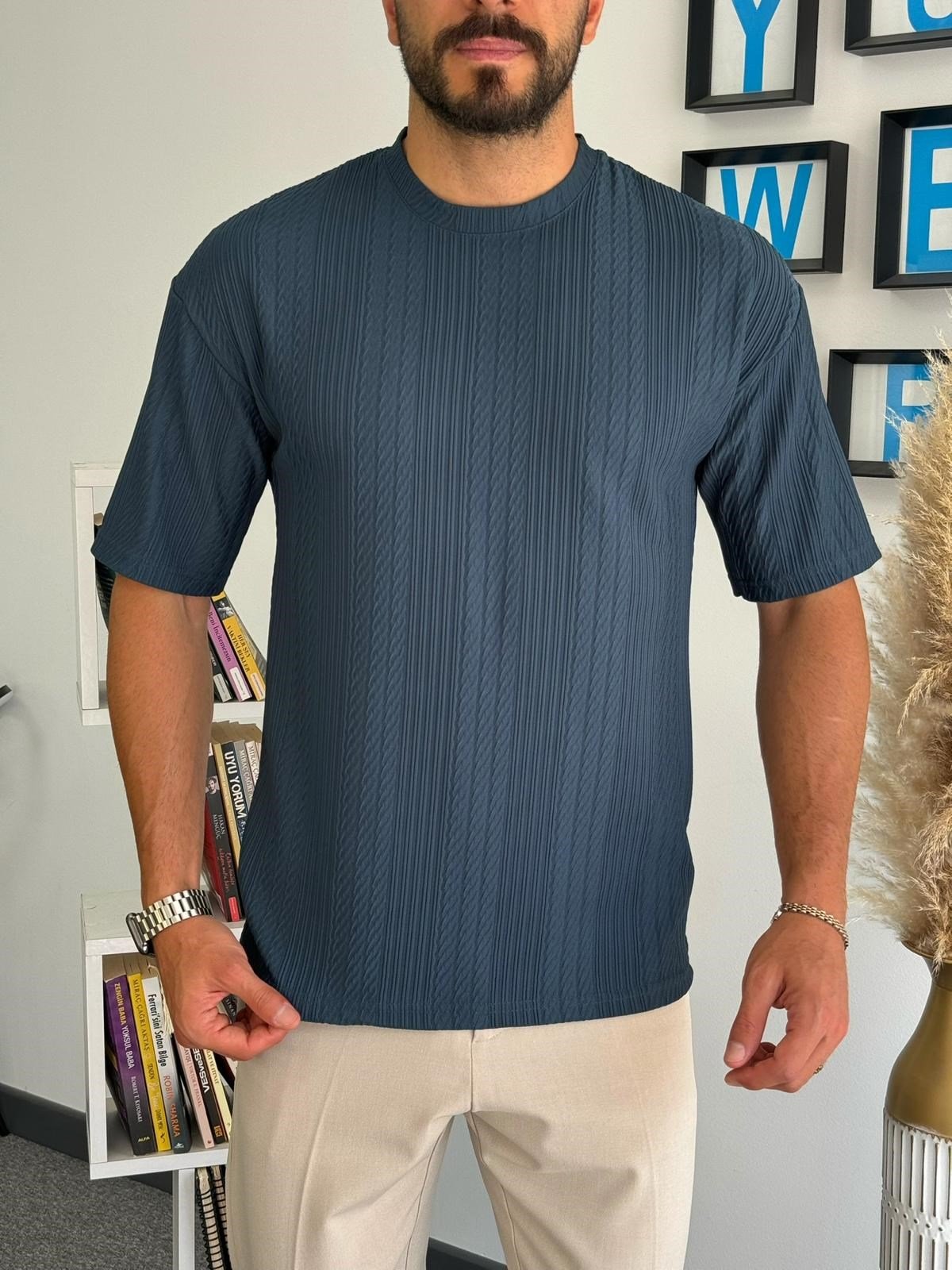 Petrol Mavi Kalın Çizgili Yarım Oversize T-Shirt