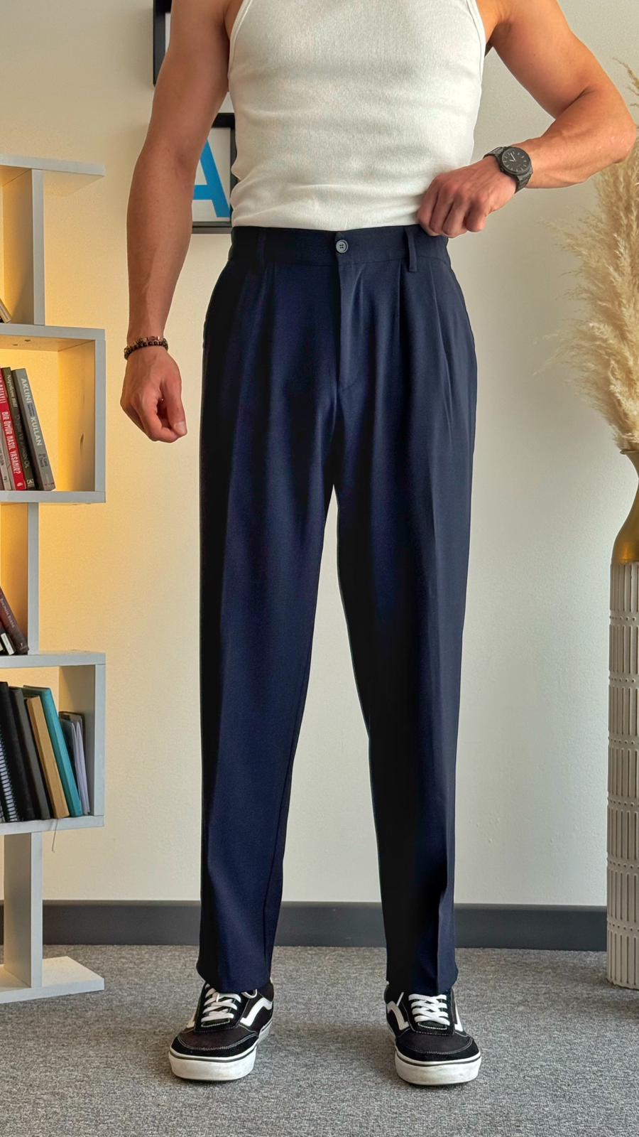 Pileli Baggy Kumaş Pantolon Lacivert