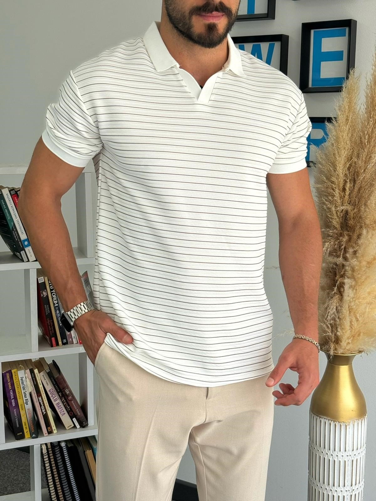 Siyah Çizgili Hemşire Yaka Kolları Likralı T-Shirt