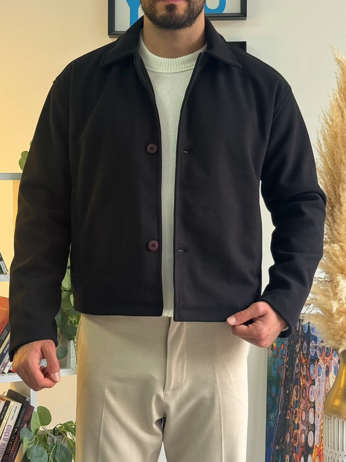 Siyah Crop Kesim Kaşe Ceket