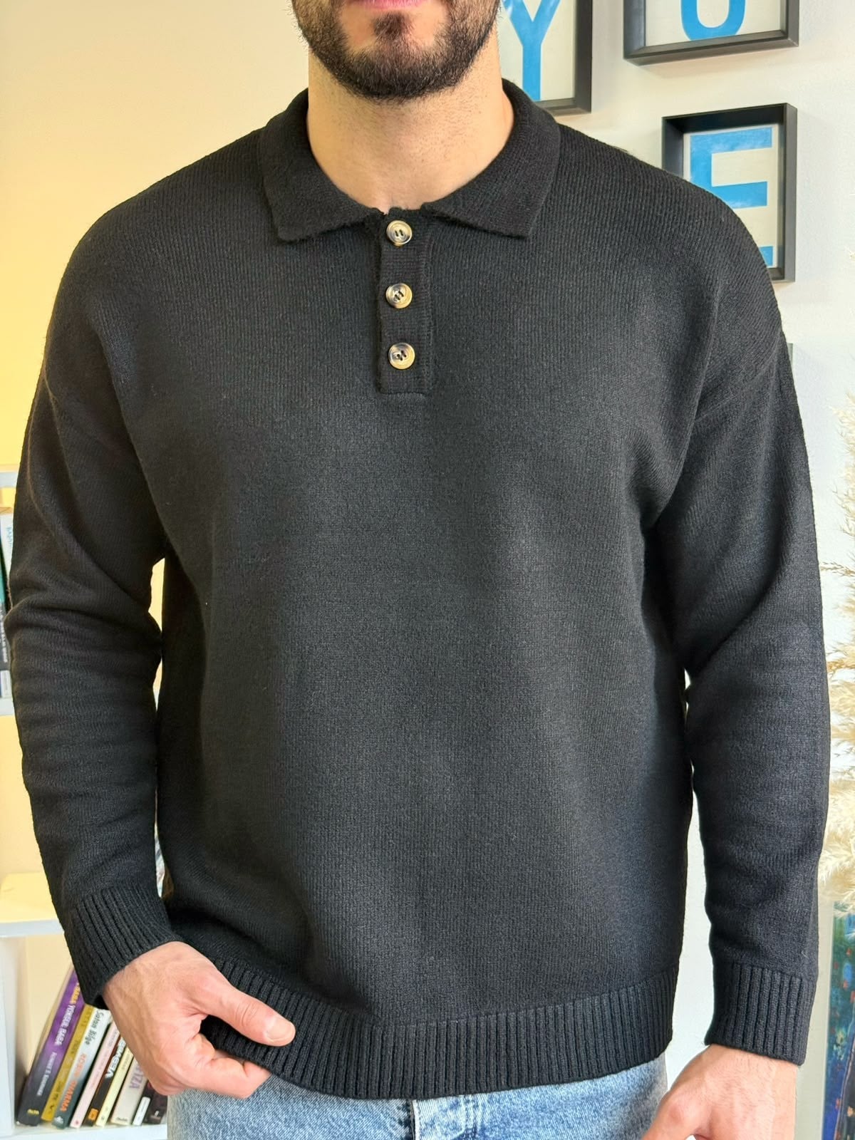 Siyah Gramajlı Oversize Polo Kazak
