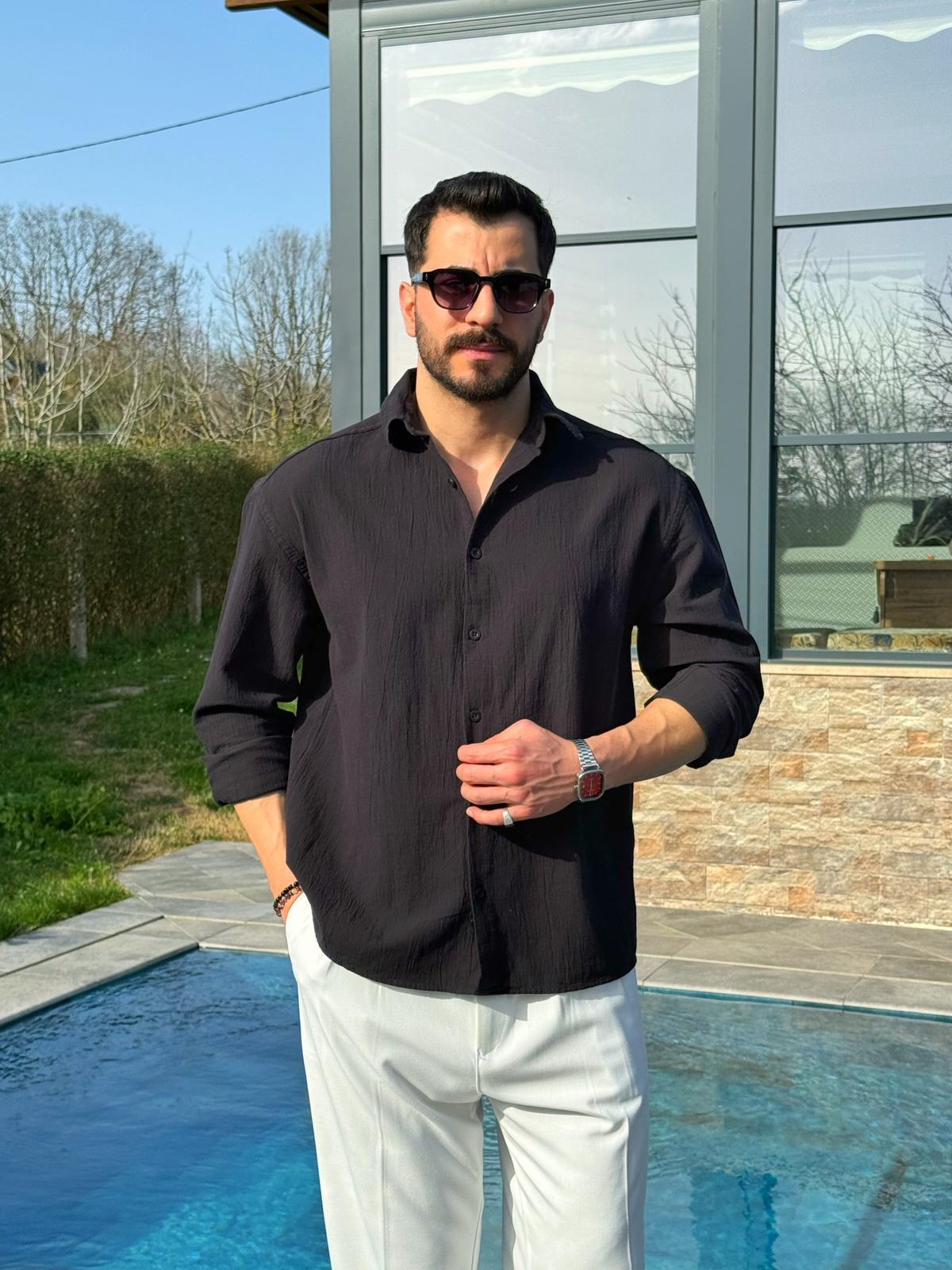 Siyah Premium Fit Krinkıl Keten Gömlek