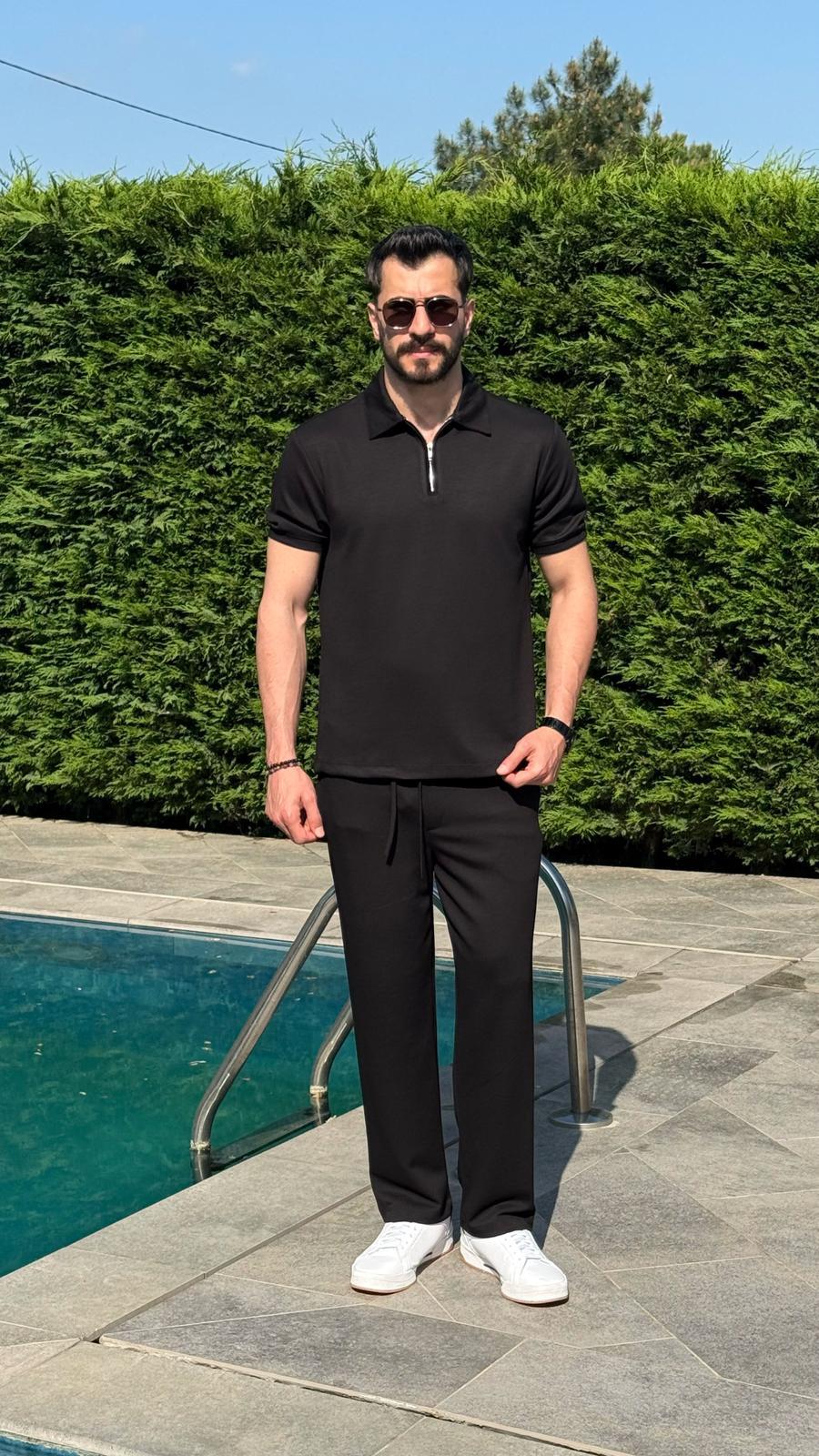 Siyah Regular Fit Yarım Fermuarlı Yazlık Osyho Takım
