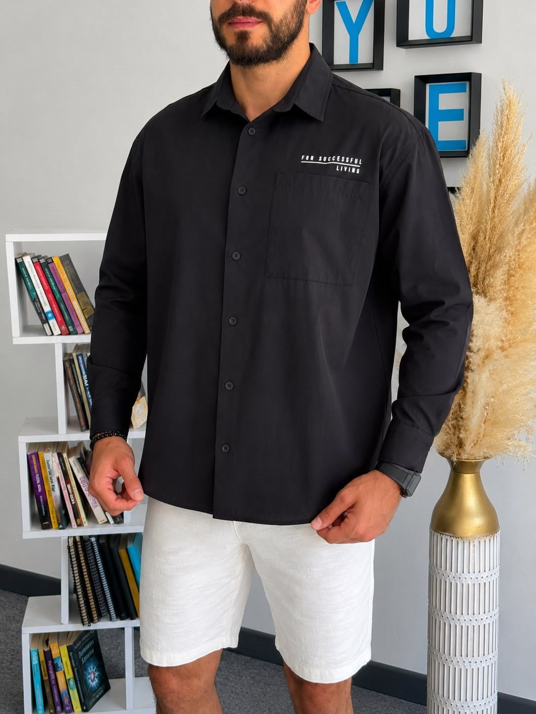 Siyah Yazlık Oversize Baskılı Cepli Gömlek