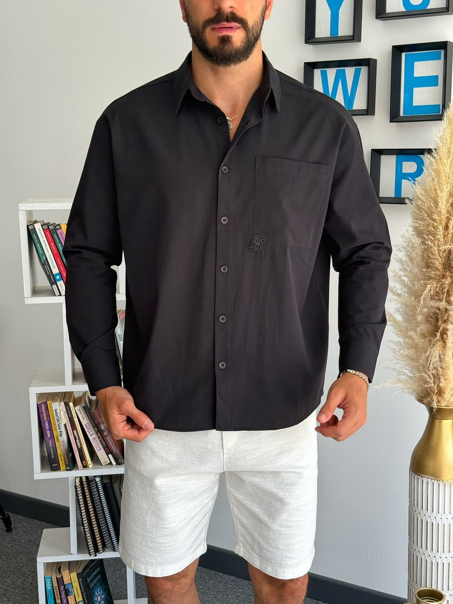 Siyah Yazlık Oversize Baskılı Gömlek