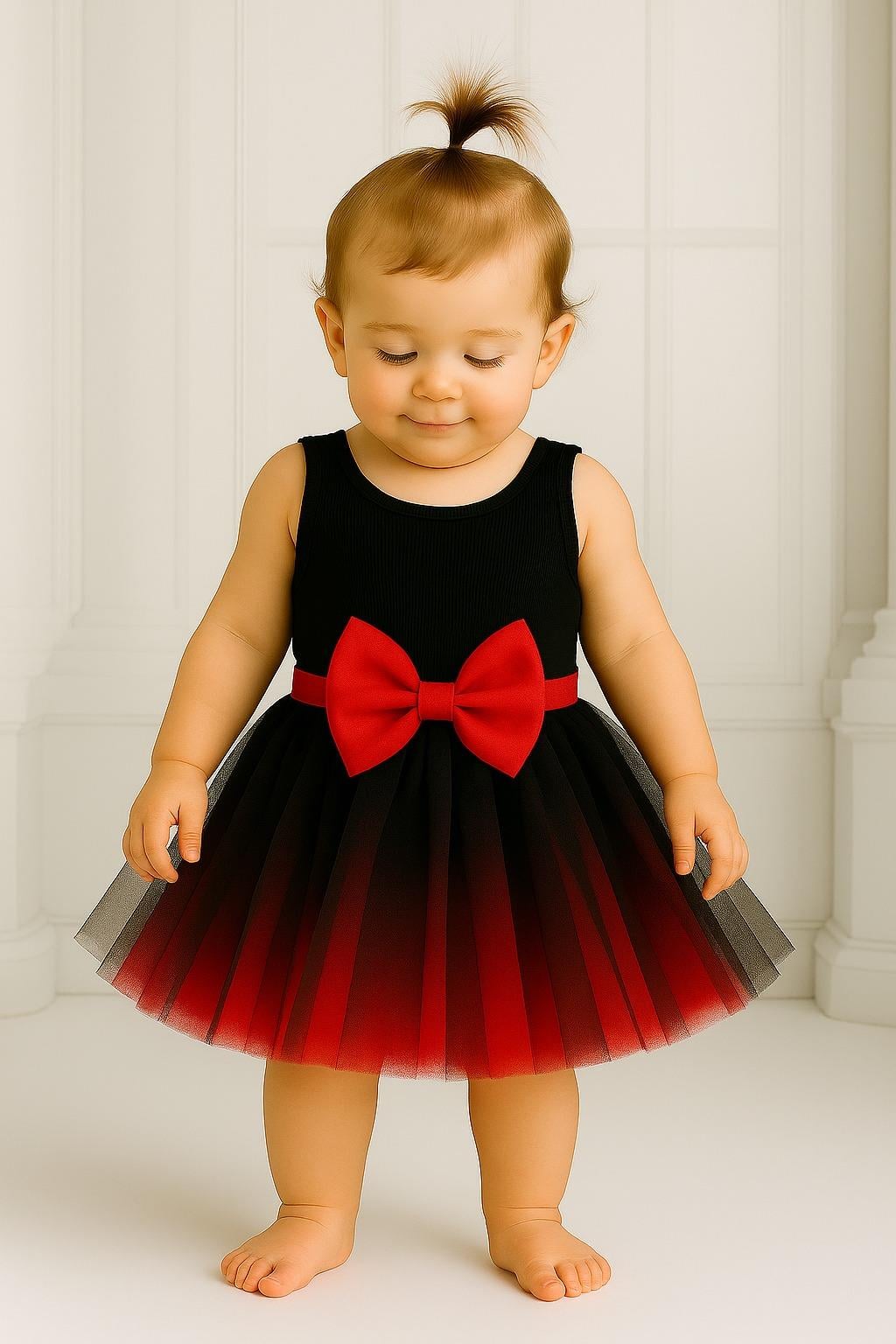 TÜTÜ ETEKKız Bebek Astarlı Önü Tokalı Beli Lastikli Üst Katman Siyah Alt Katman Kırmızı Kabarık Tütü Etek