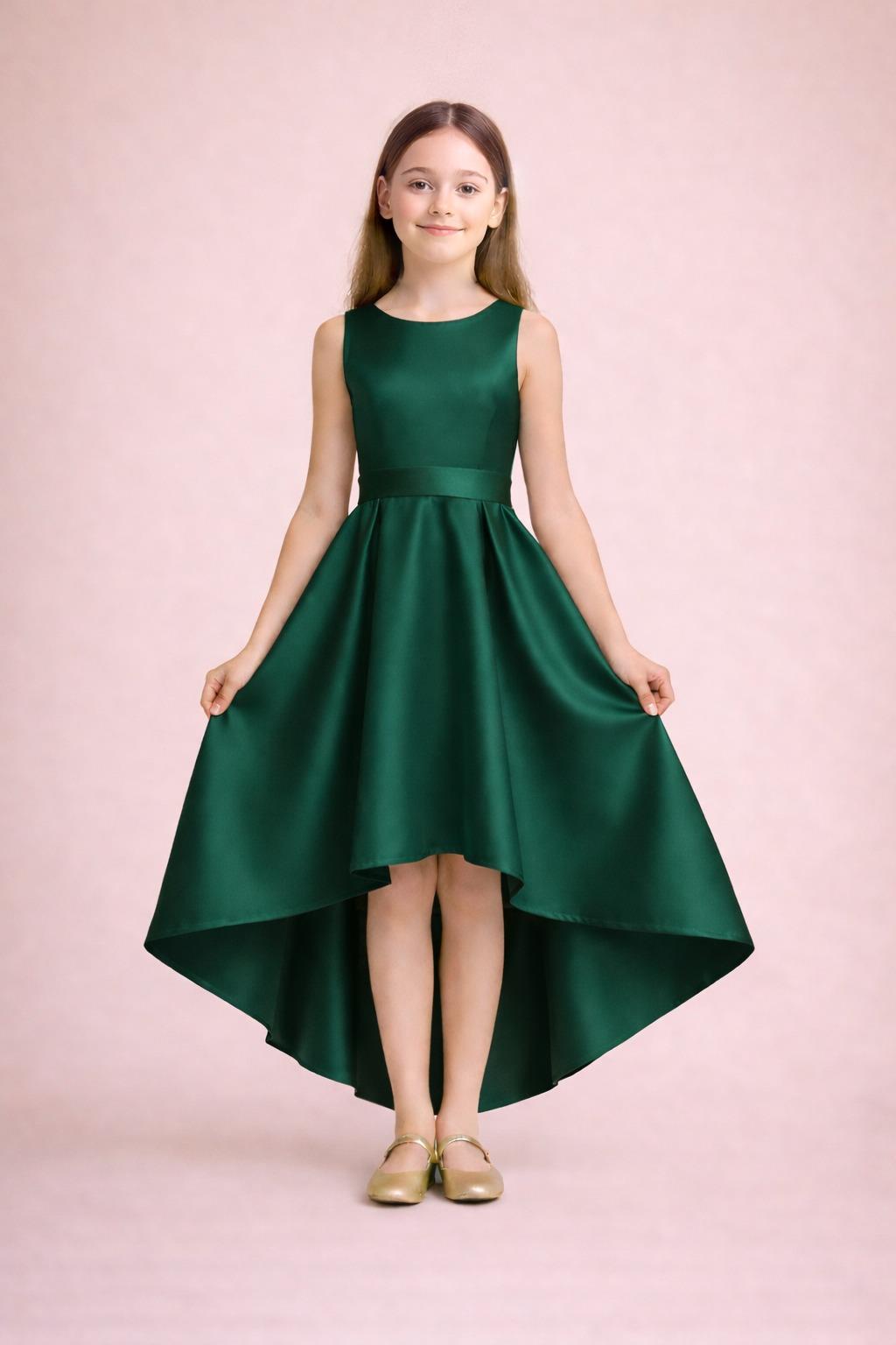 Abiye & Mezuniyet ElbisesiKız Çocuk Zümrüt Yeşil Asimetrik Etek Detaylı Sade Şık Saten Balo Doğum Günü Balo Mezuniyet Elbise (NSM11KİDS)