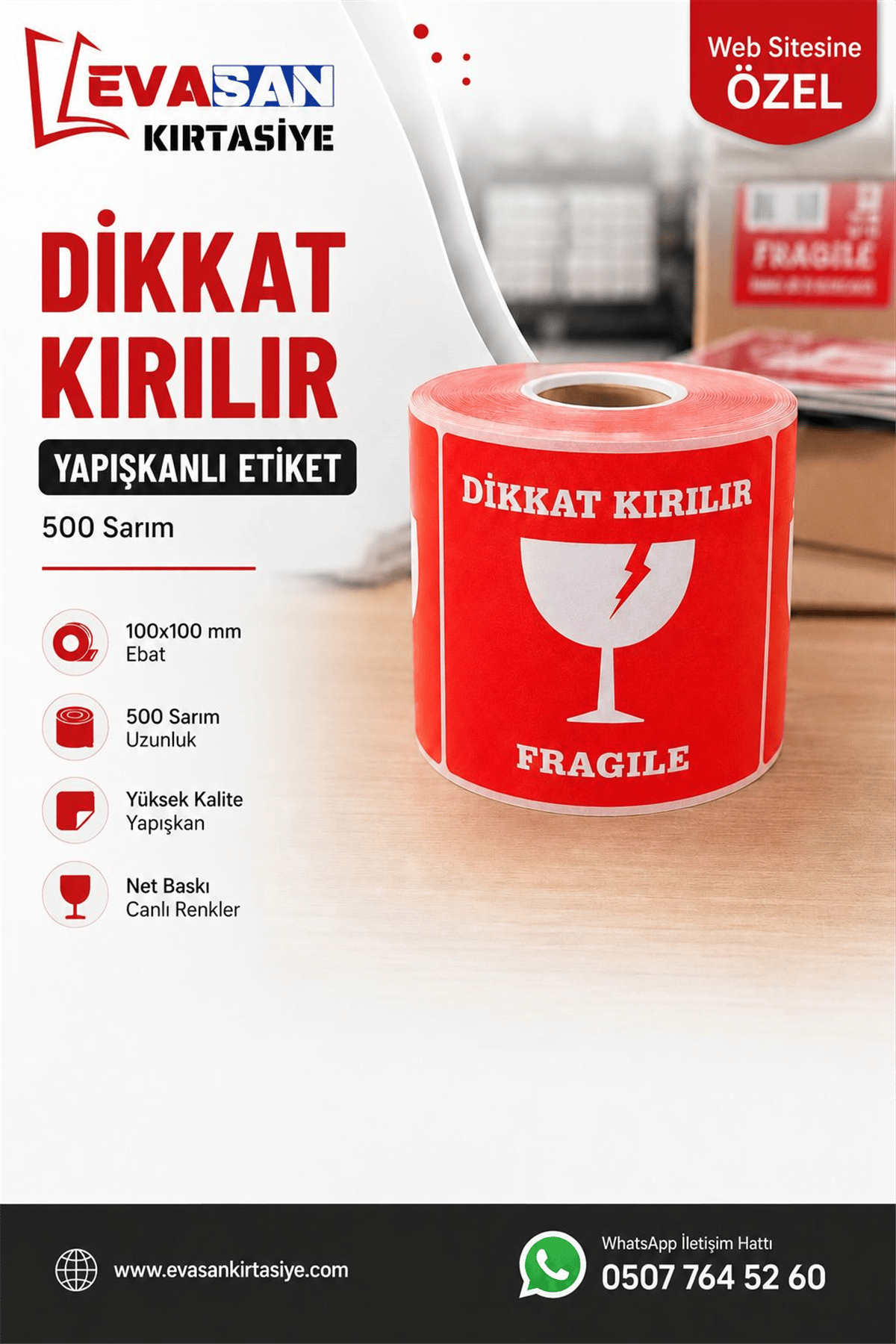 100X100 DİKKAT KIRILIR YAPIŞKANLI ETİKET 500 SARIM