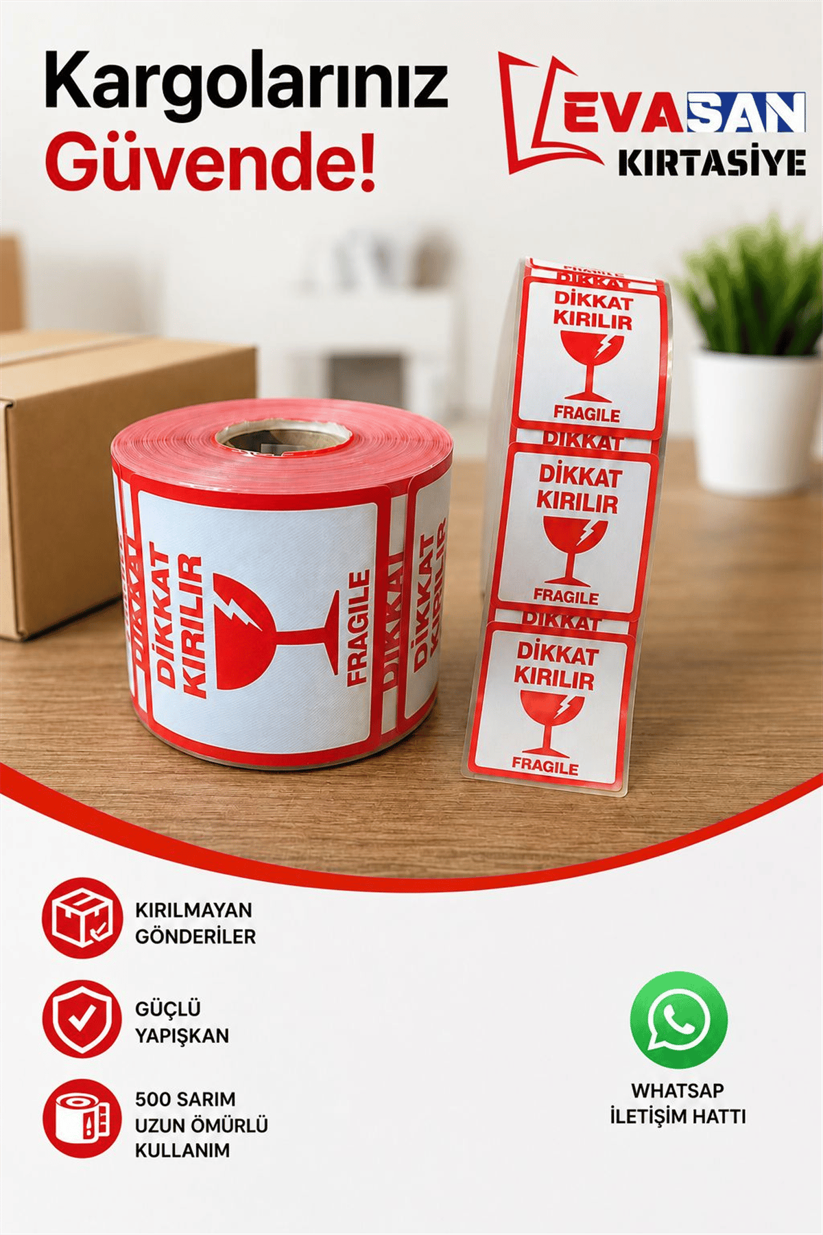 70X80 DİKKAT KIRILIR YAPIŞKANLI ETİKET 500 SARIM