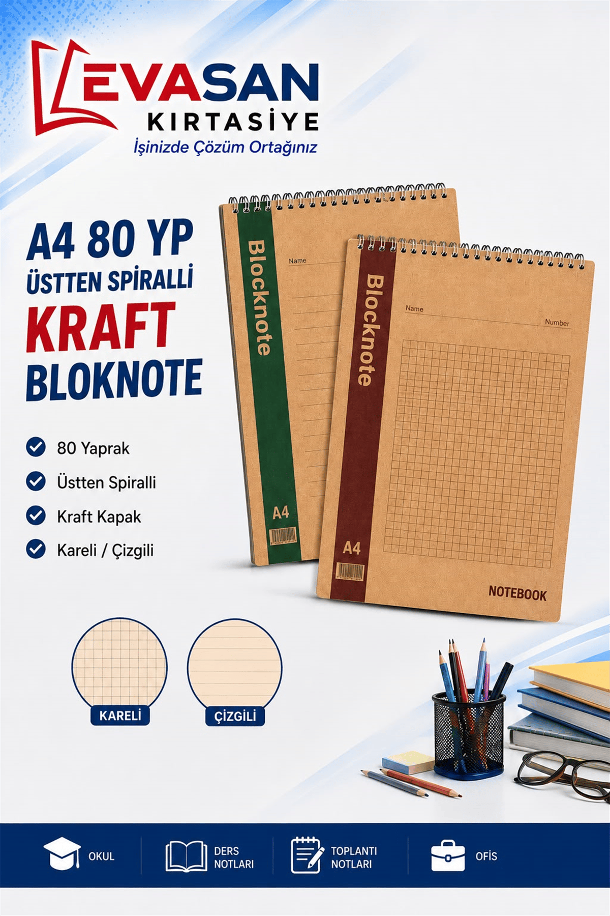 A4 80 YP ÜSTTEN SPİRALLİ ÇİZGİLİ KRAFT BLOKNOTE P:6 LI 