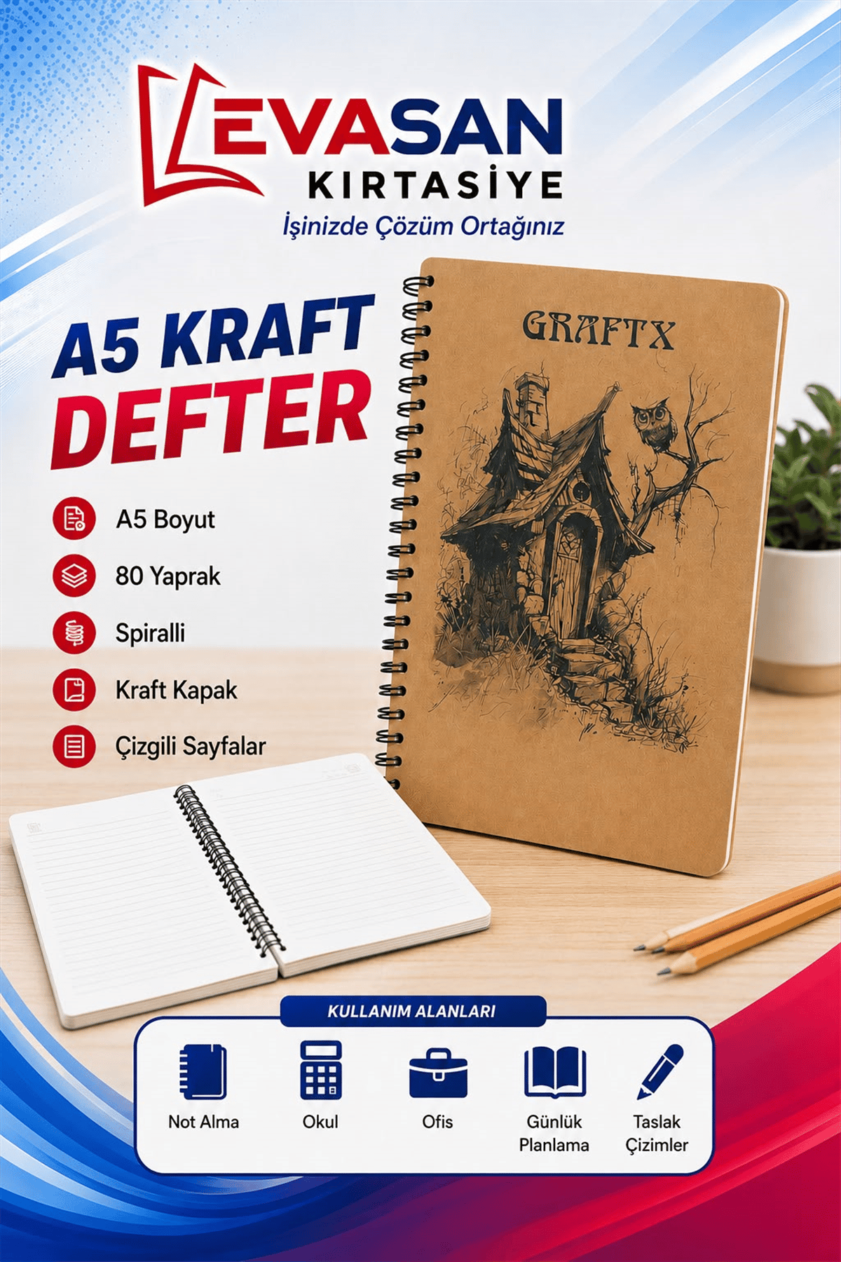 A5 KRAFT DEFTER 80 YP KARELİ PAKET:12 Lİ