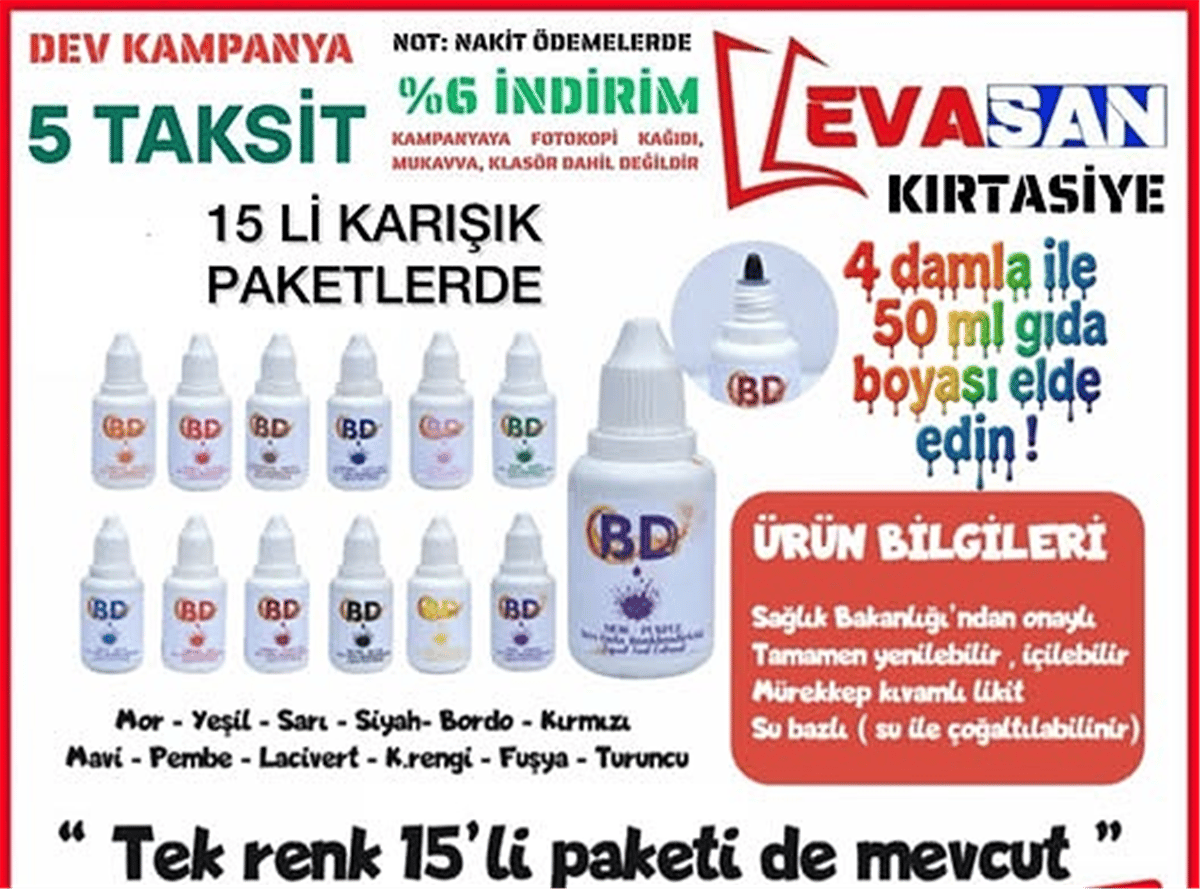 BD LİKİT GIDA BOYASI 20 ML PAKET:15 Lİ