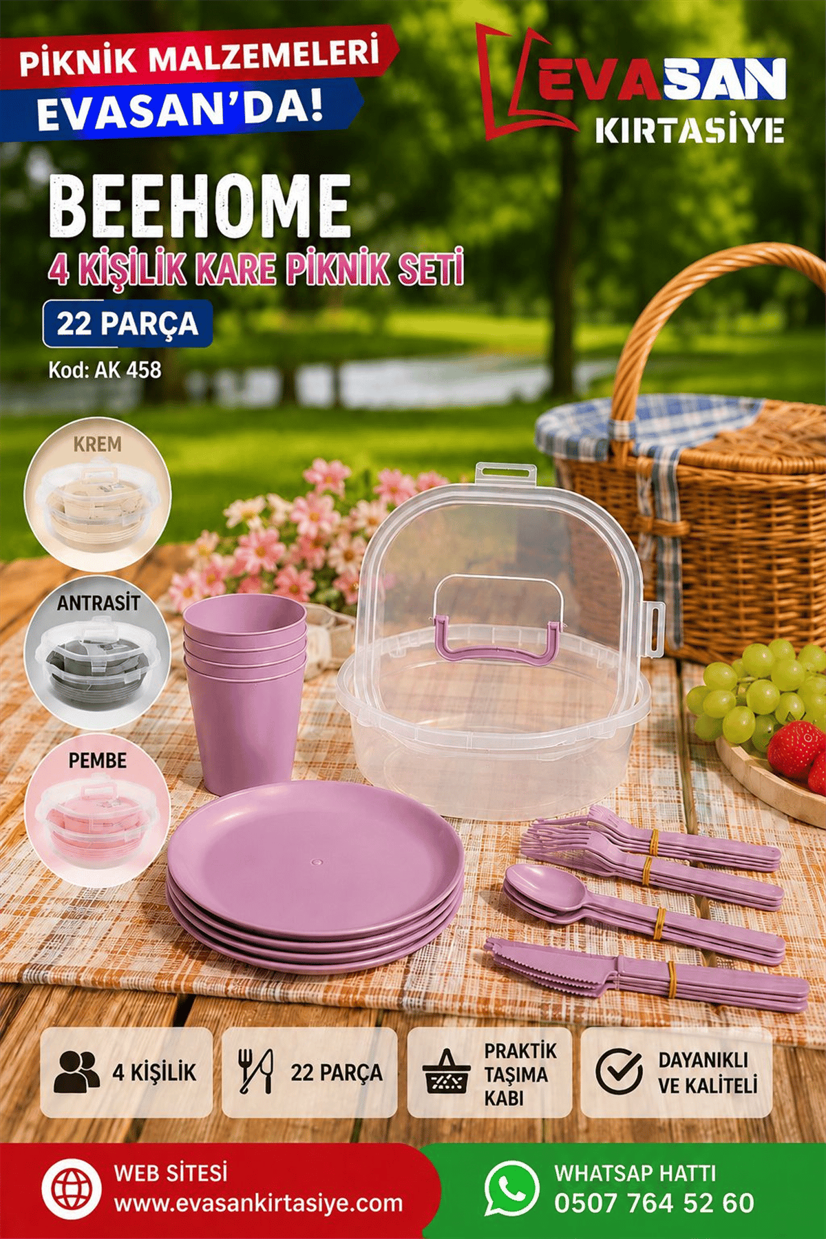 BEEHOME 4 KİŞİLİK KARE PİKNİK SETİ 22 PARÇA AK 458