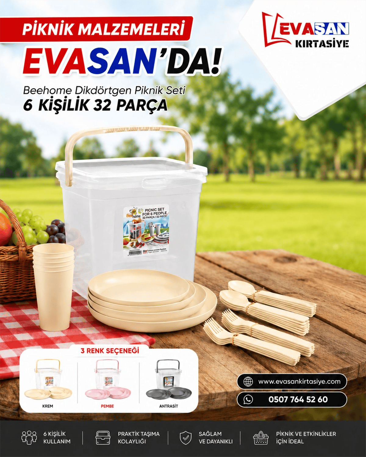 BEEHOME 6 KİŞİLİK DİKDÖRTGEN PİKNİK SETİ 32 PARÇA AK 519