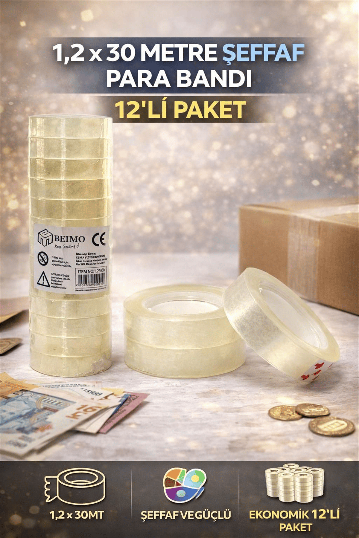 BEİMO 1,2 X 30 METRE ŞEFFAF PARA BANDI PK:12 Lİ