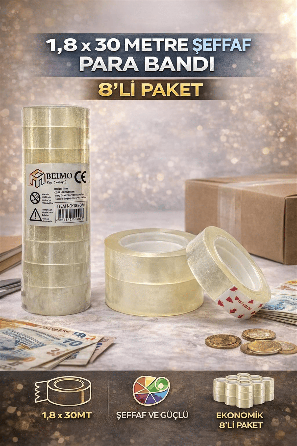 BEİMO 1,8 X 30 METRE ŞEFFAF PARA BANTI PK:8 Lİ