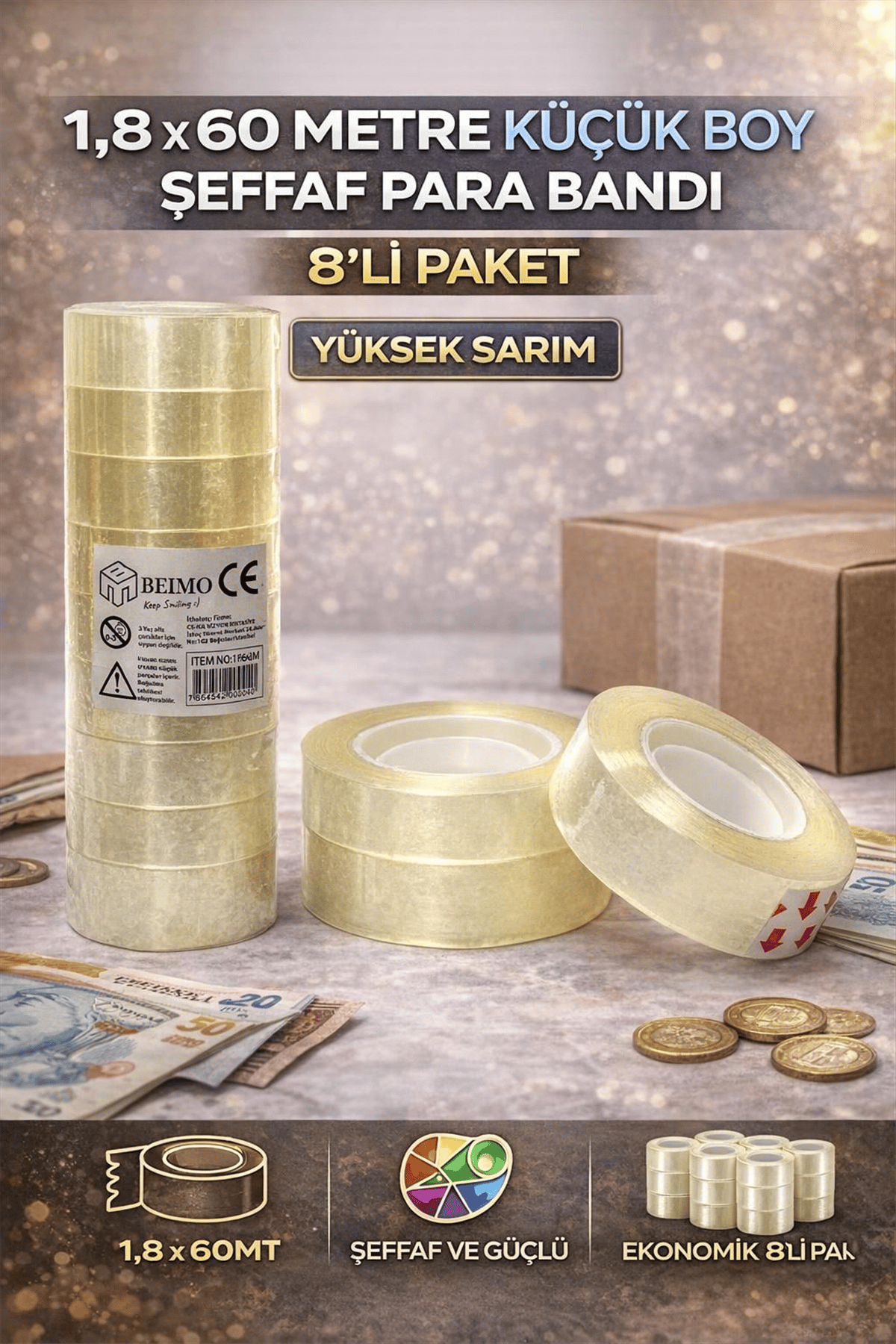 BEİMO 1,8 X 60 METRE ŞEFFAF PARA BANTI PK:8 Lİ