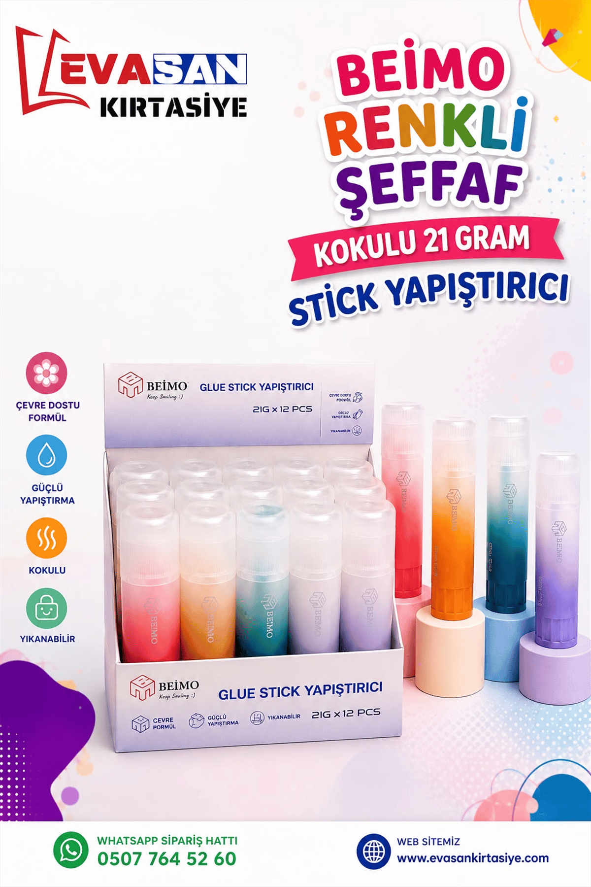 BEİMO 21 GRAM RENKLİ ŞEFFAF STİCK YAPIŞTIRICI PK:12 Lİ