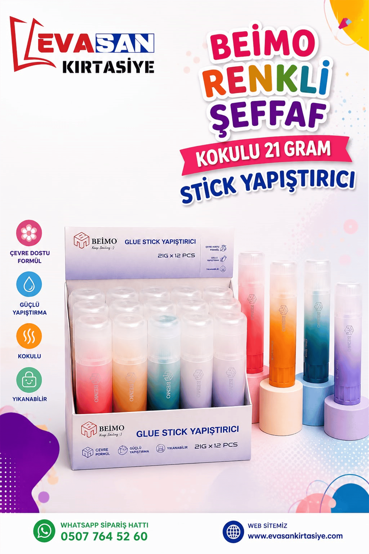 BEİMO 21 GRAM RENKLİ ŞEFFAF STİCK YAPIŞTIRICI PK:12 Lİ