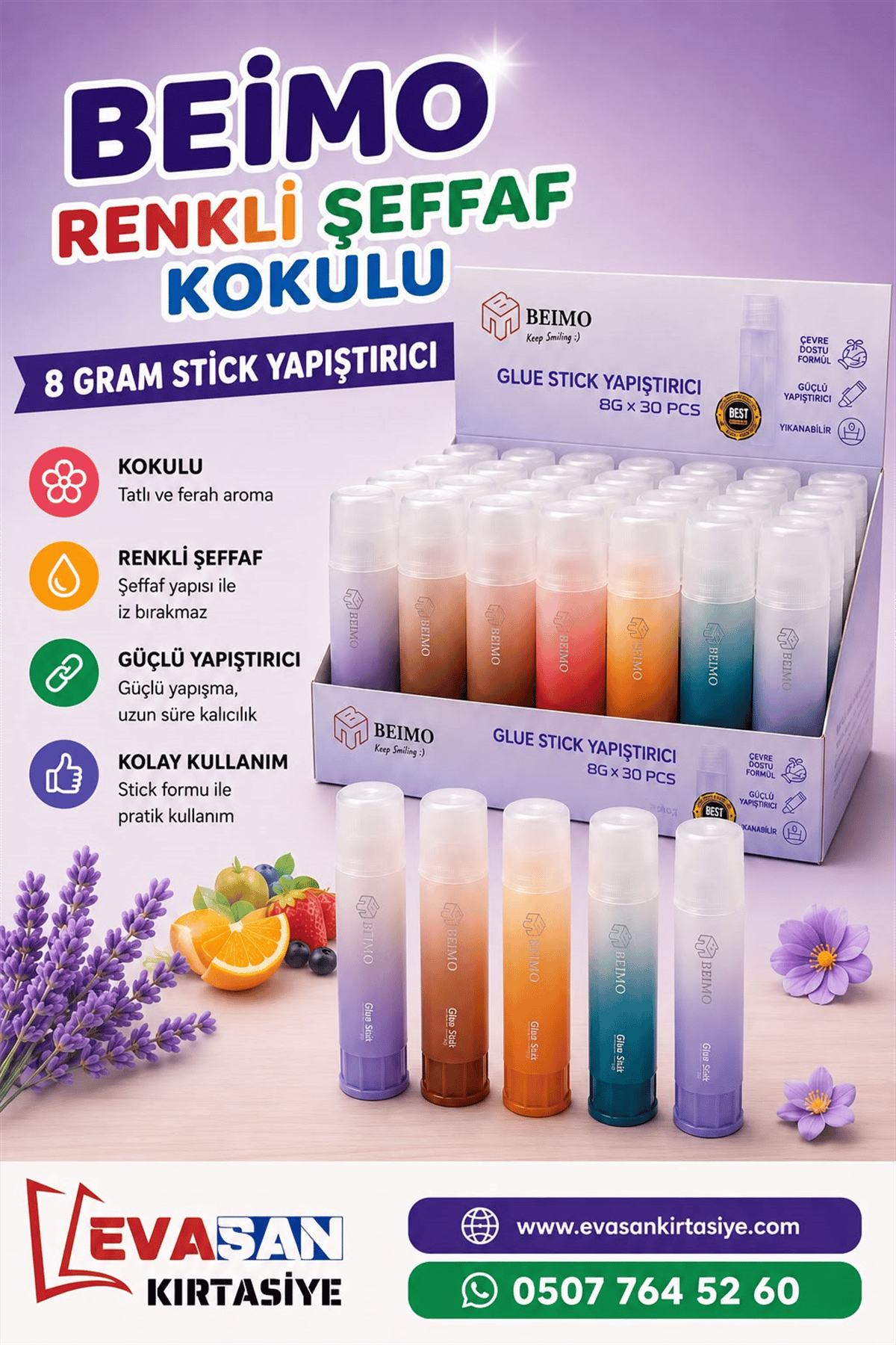 BEİMO 8 GRAM RENKLİ ŞEFFAF KOKULU STİCK YAPIŞTIRICI PK:30 LU