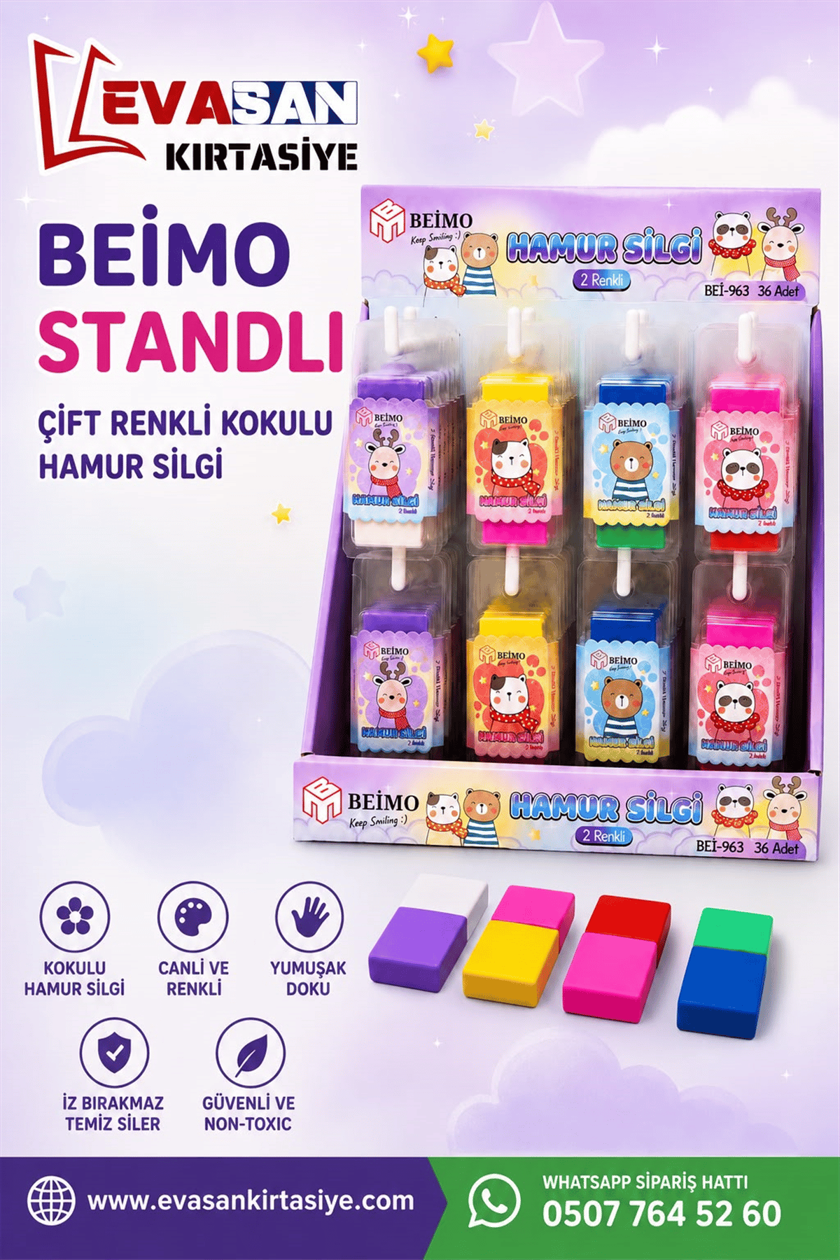 BEİMO BEİ-963 ÇİFT RENKLİ KOKULU HAMUR SİLGİ STAND:36 LI