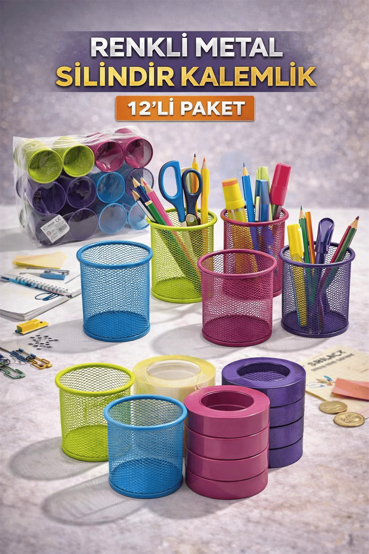 BEİMO RENKLİ METAL SİLİNDİR KALEMLİK PK:12 Lİ