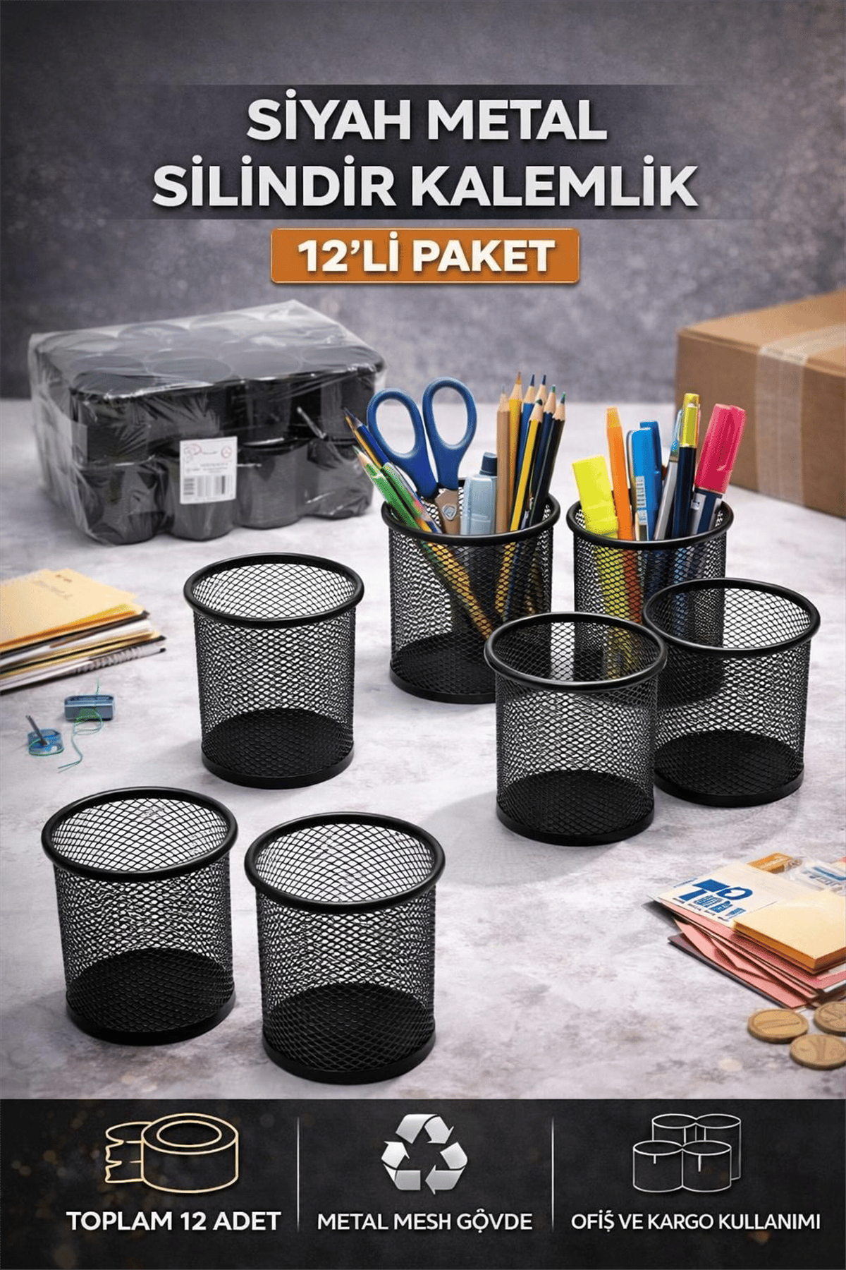 BEİMO SİYAH METAL SİLİNDİR KALEMLİK PK:12 Lİ