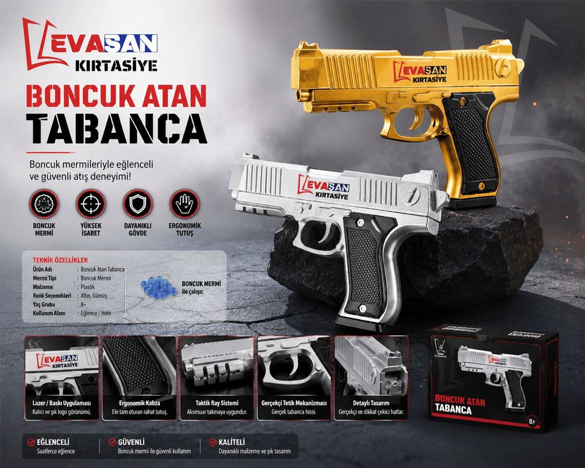 BONCUK ATAN GOLD VE SİLVER TABANCA 21cm x 15cm PK: 12 Lİ