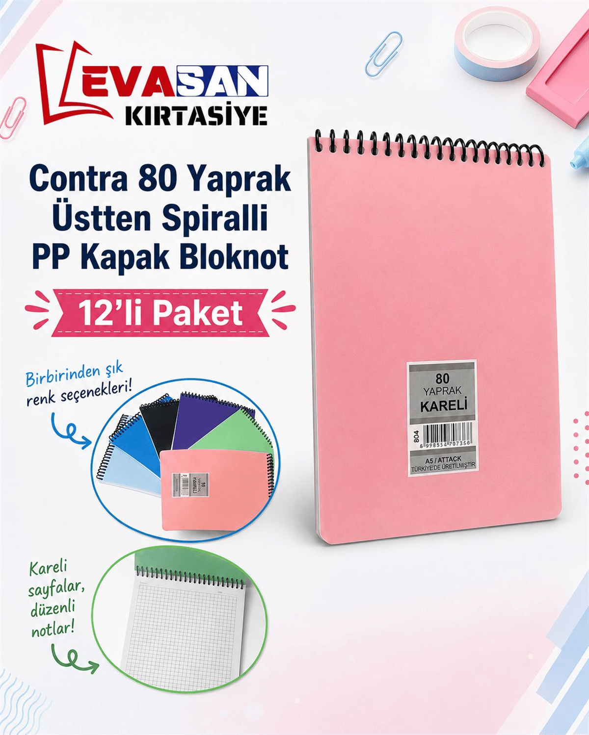 CONTRA 80 YAPRAK KARELİ ÜSTTEN SİPRALLİ PP KAPAK BLOKNOT