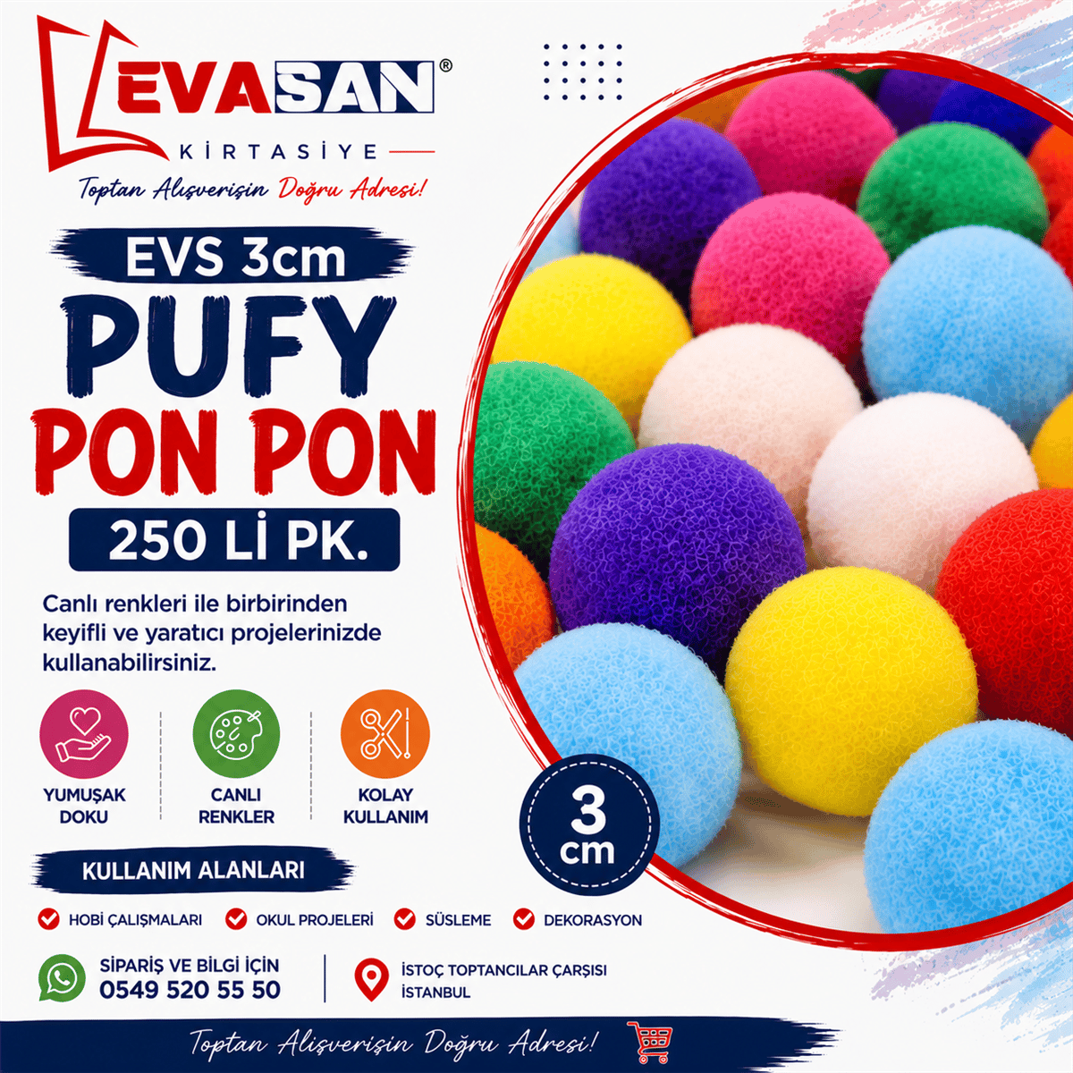 EVS 3cm PUFY PONPON 250 Lİ PK. 