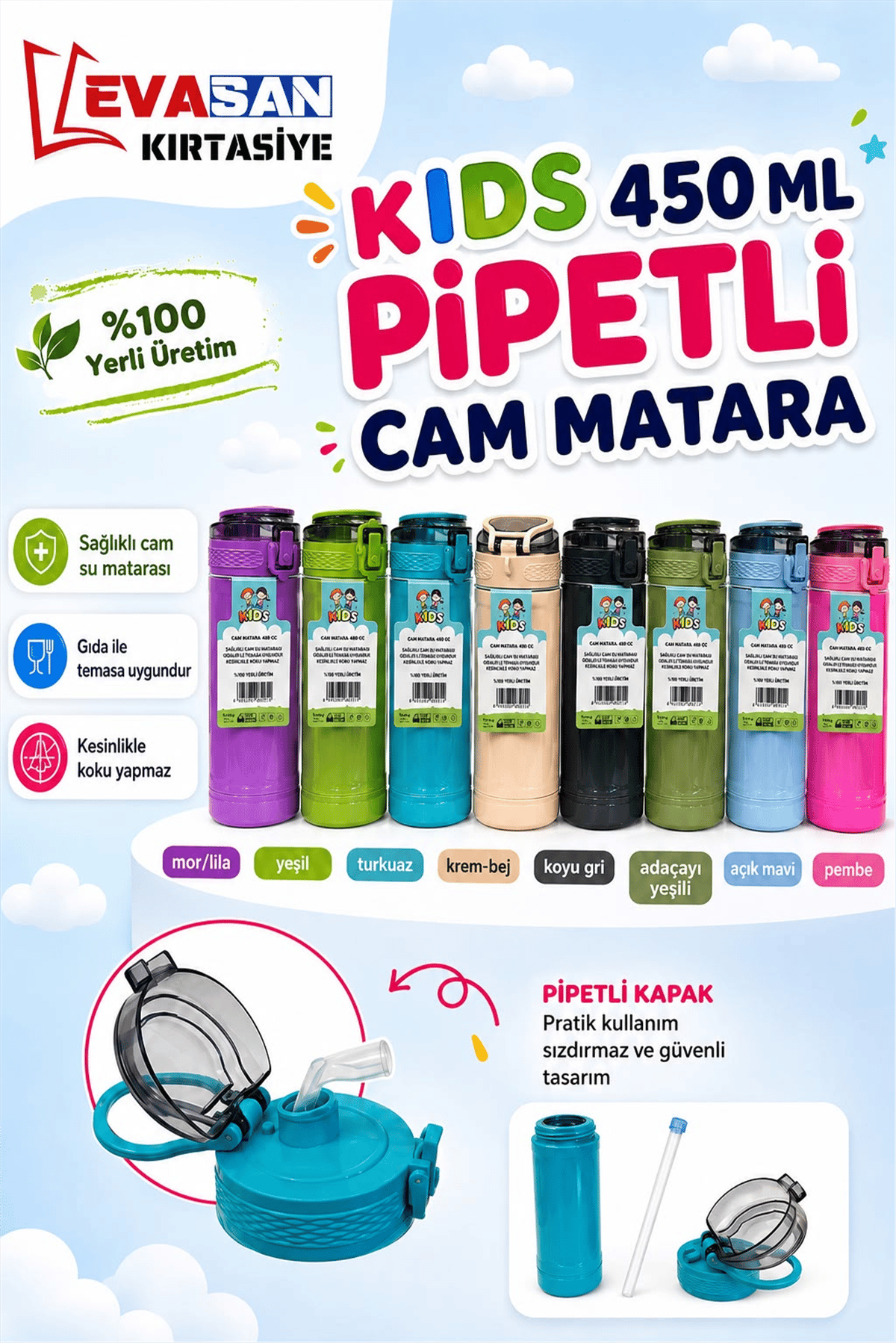 KİDS 450 ML PİPETLİ CAM MATARA PK:12 Lİ