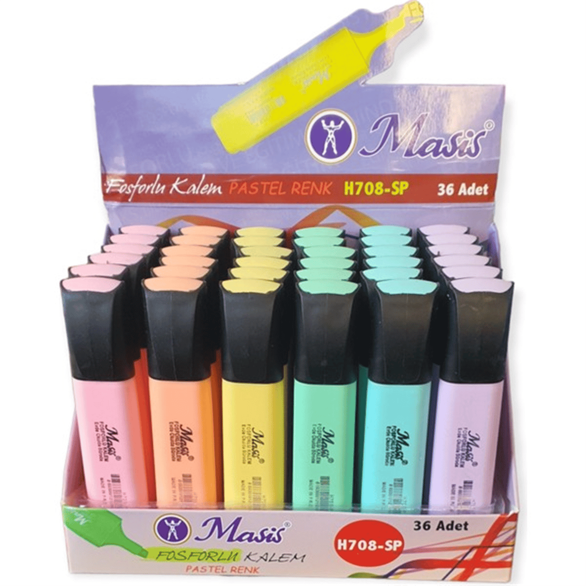 MASİS H708-SP PASTEL RENK FOSFORLU KALEM 36 LI STAND