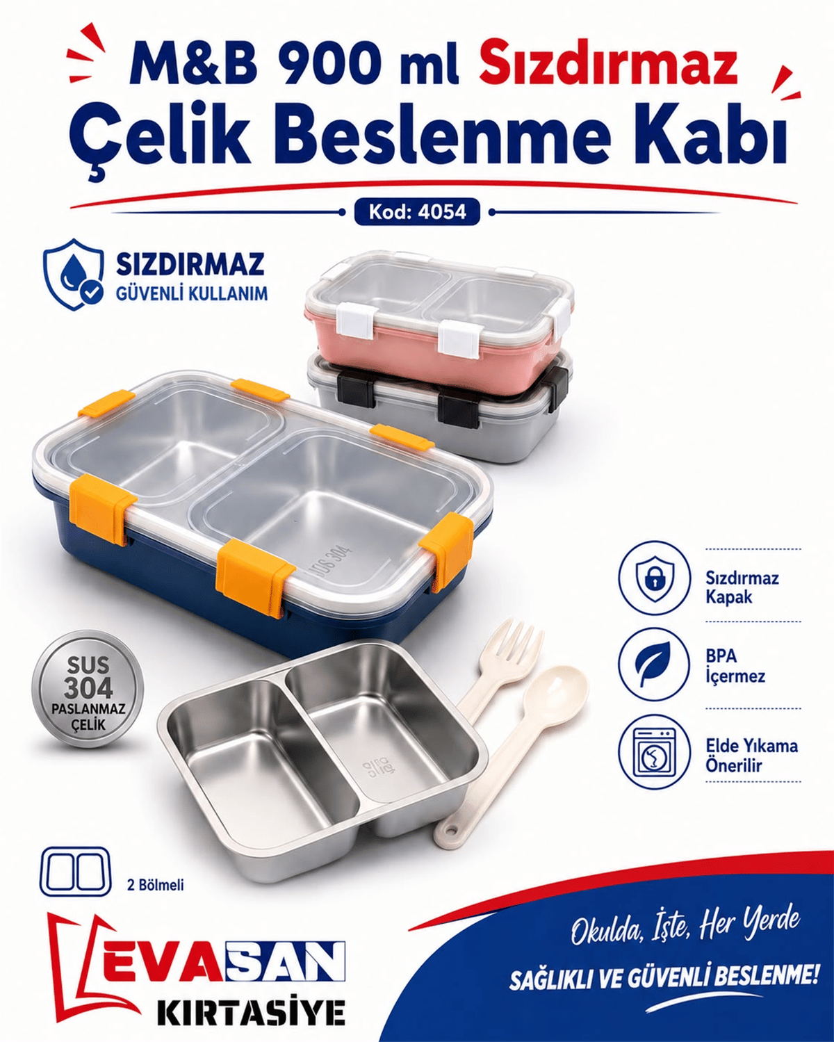 M&B 4054 900 ML SIZDIRMAZ ÇELİK BESLENME KABI 
