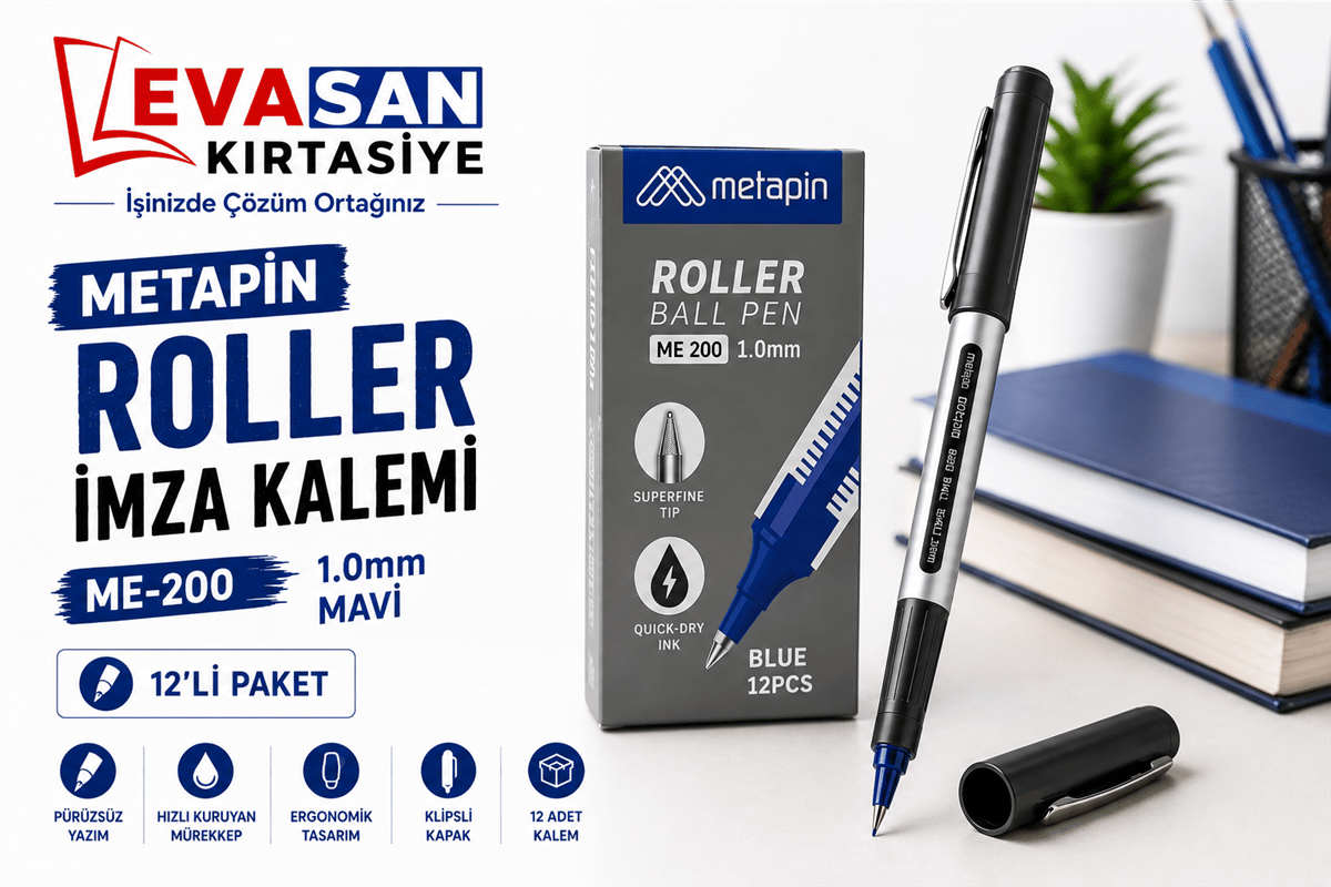 METAPİN ME-200 ROLLER İMZA KALEMİ 1.0mm MAVİ PK:12 Lİ 