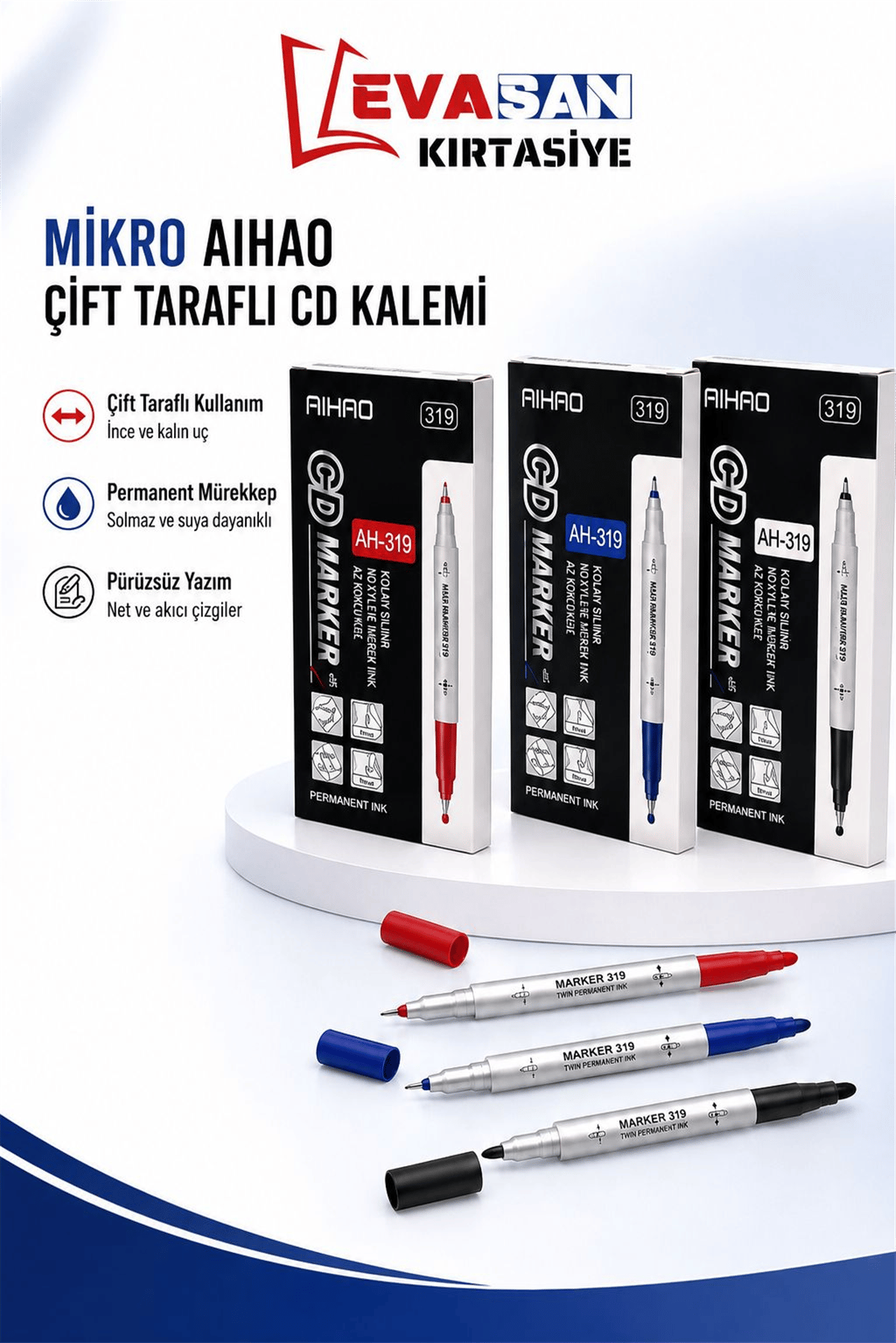MİKRO AH-319 AIHAO ÇİFT TARAFLI CD KALEMİ SİYAH PK:12 Lİ 