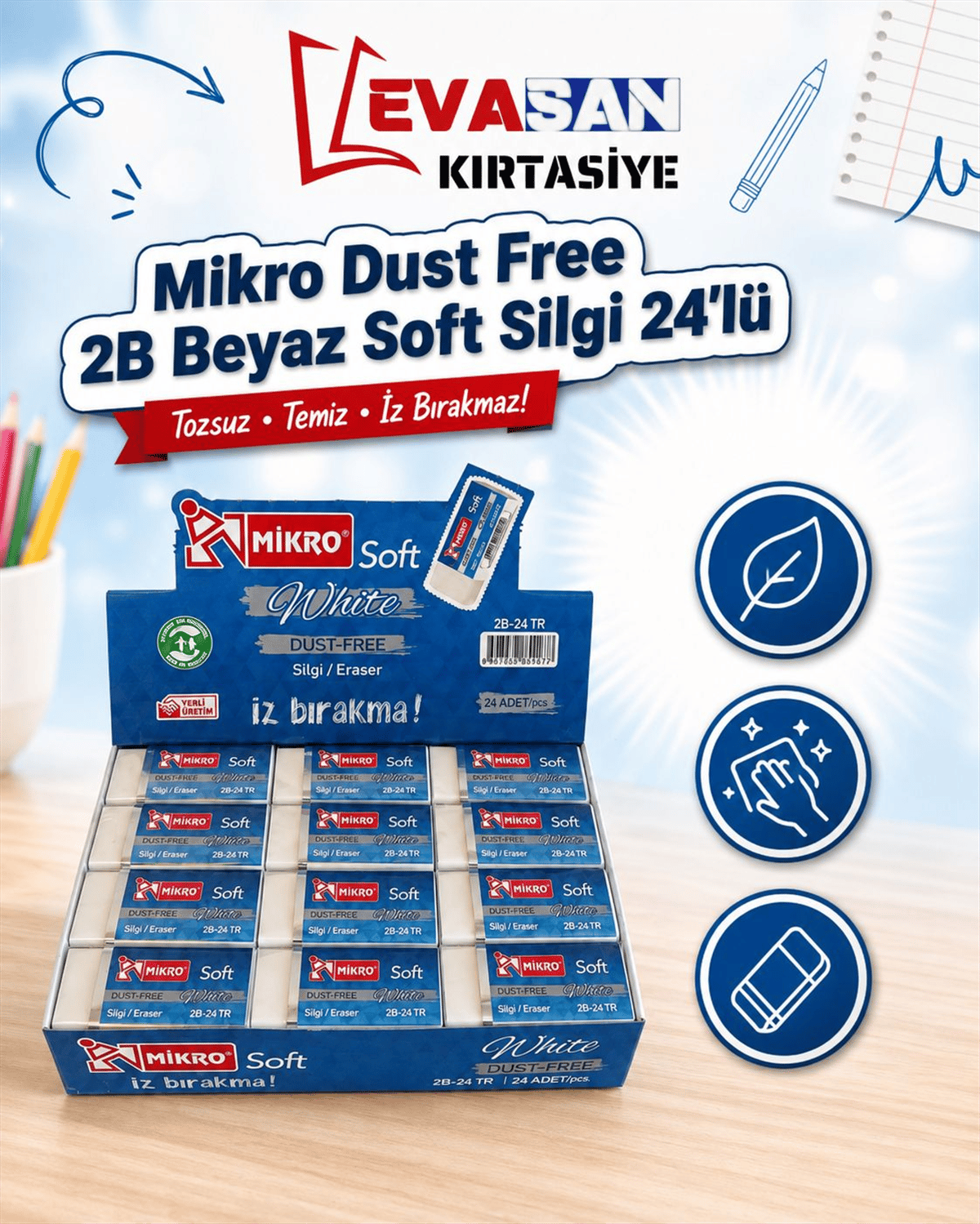 MİKRO DUST FREE 2B BEYAZ SOFT SİLGİ 24 LÜ 