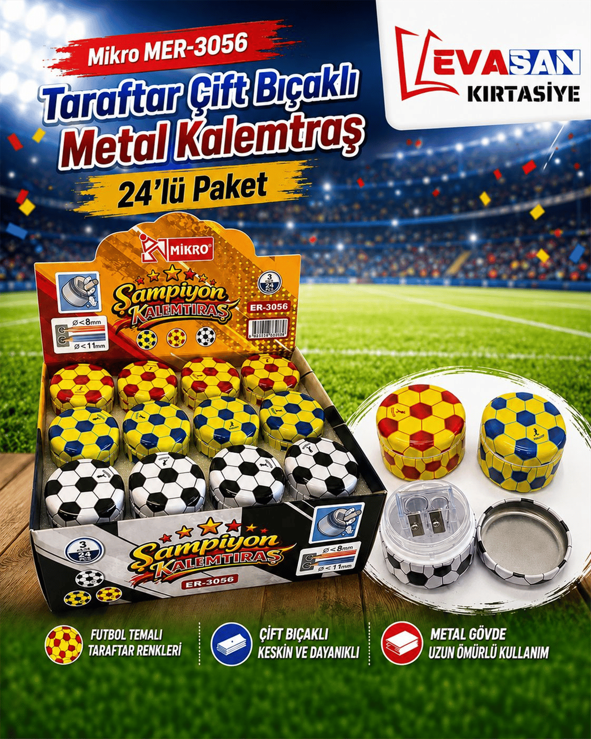 MİKRO ER-3056 TARAFTAR ÇİFT BIÇAKLI METAL KALEMTRAŞ PK:24 Ü 
