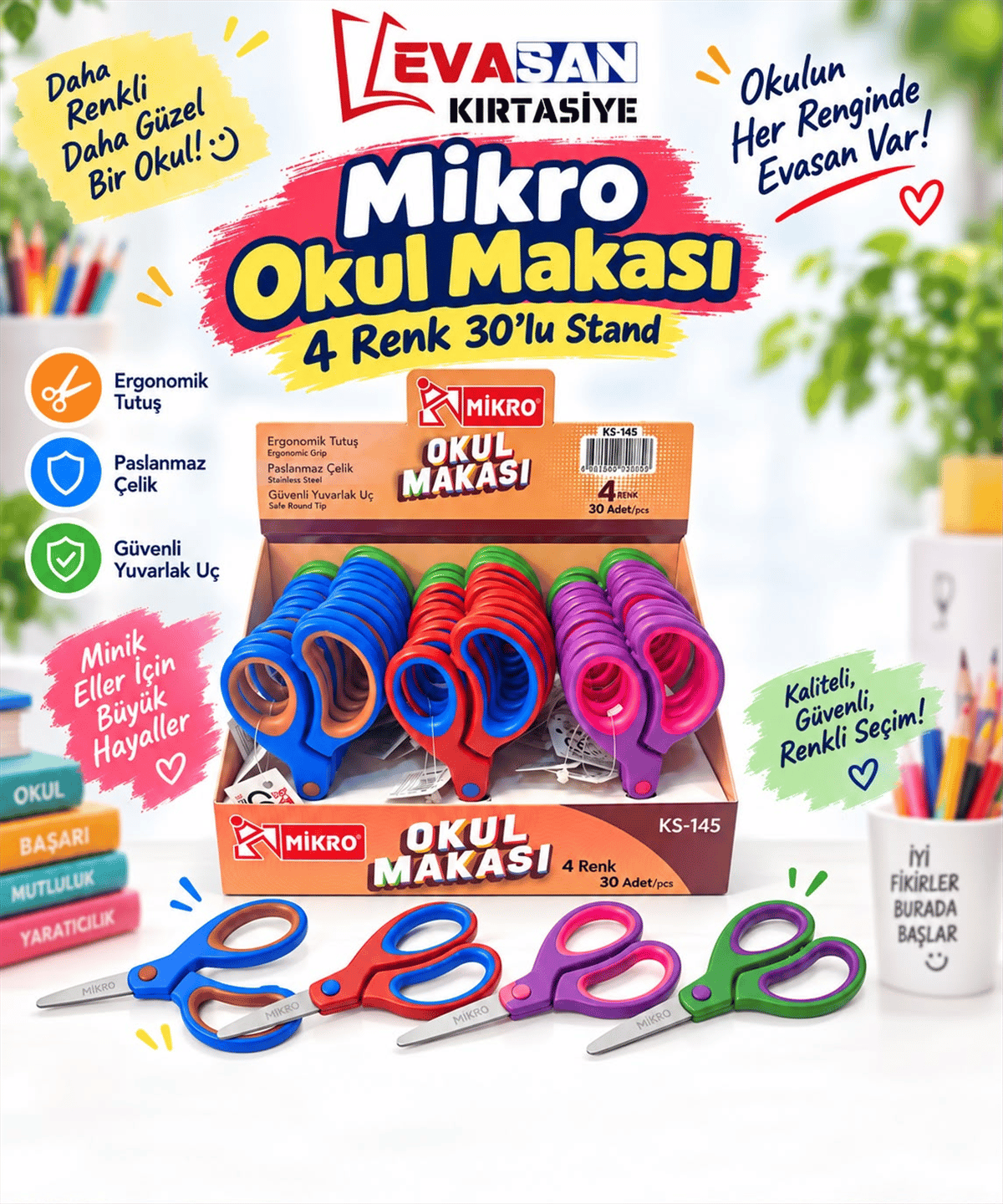 MİKRO KS-145 OKUL MAKASI 30 LU STAND 