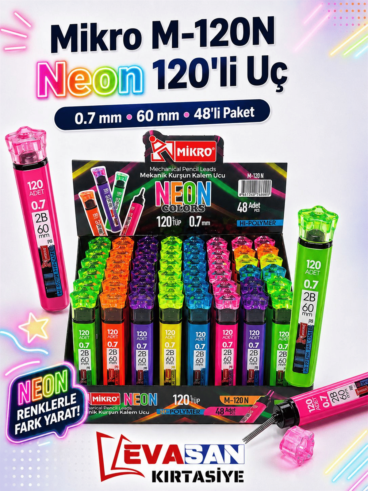 MİKRO M-120N NEON 120 Lİ UÇ 0.7 UÇ 60 MM 48 Lİ STAND 