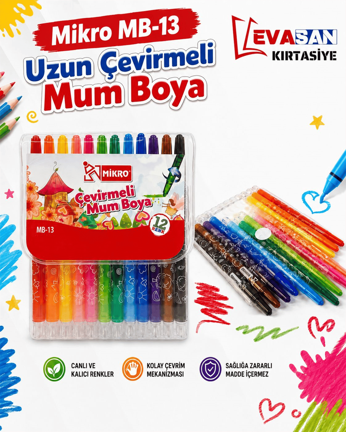MİKRO MB-13 UZUN ÇEVİRMELİ MUM BOYA PK:12Lİ