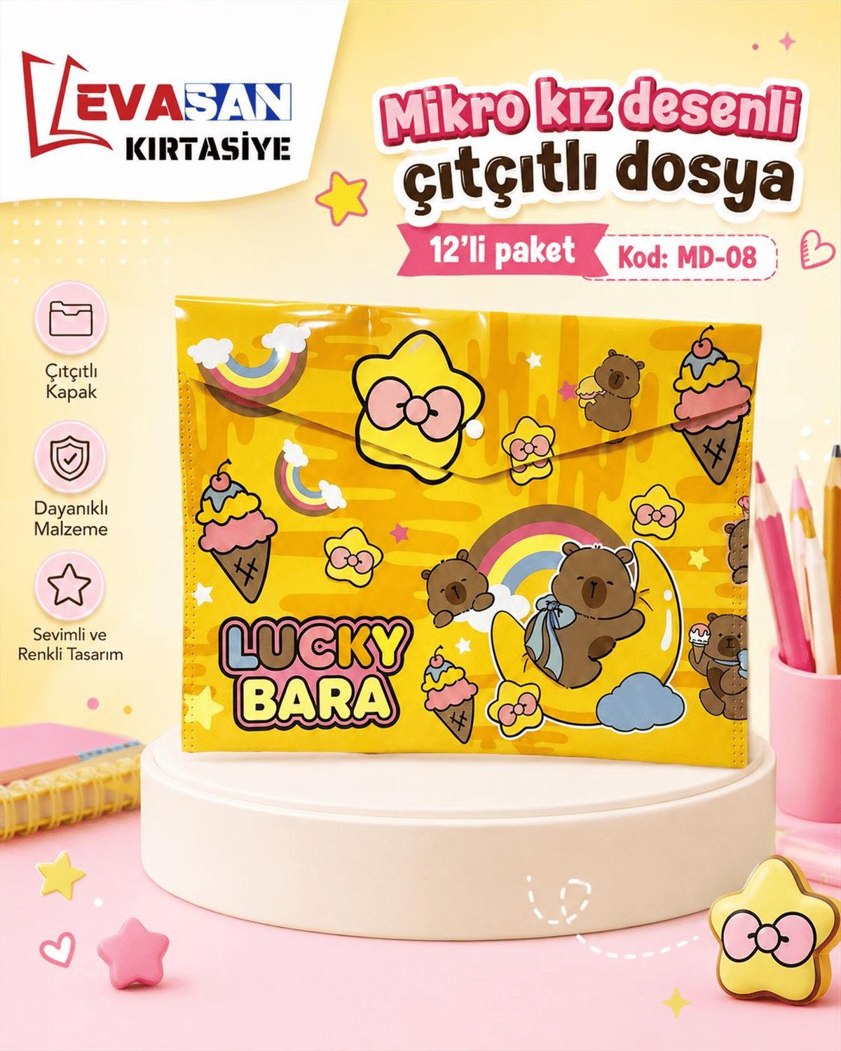 MİKRO MD-08 KIZ DESENLİ ÇITÇITLI DOSYA PK:12 Lİ 