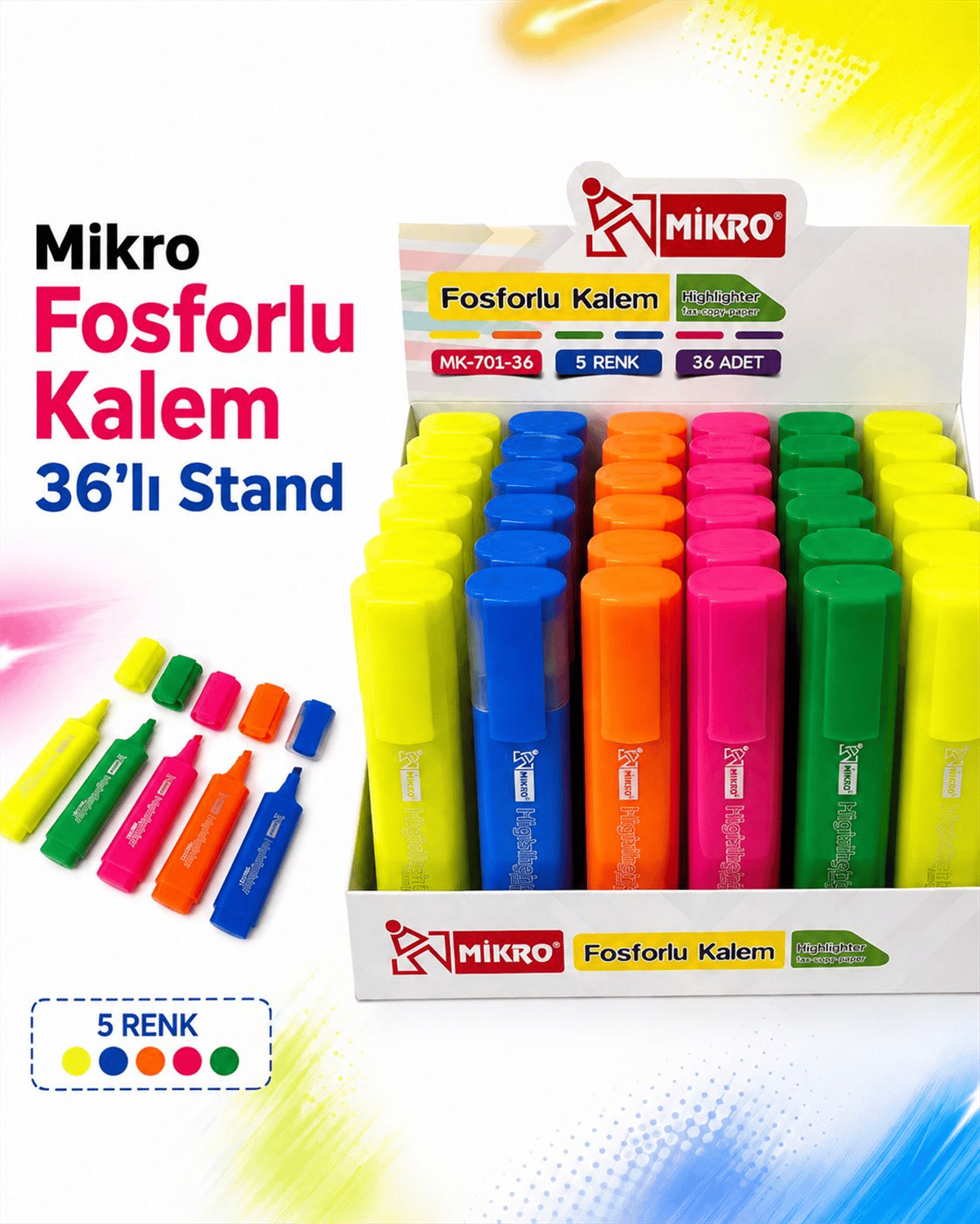 MİKRO MK-701-36 FOSFORLU KALEM 36 LI STAND 5 RENK 
