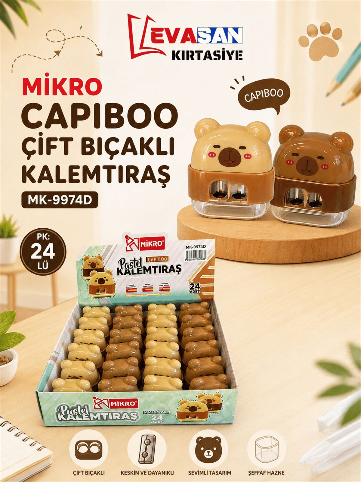 MİKRO MK-9974D CAPİBOO ÇİFT BIÇAKLI KALEMTRAŞ PK:24 LÜ